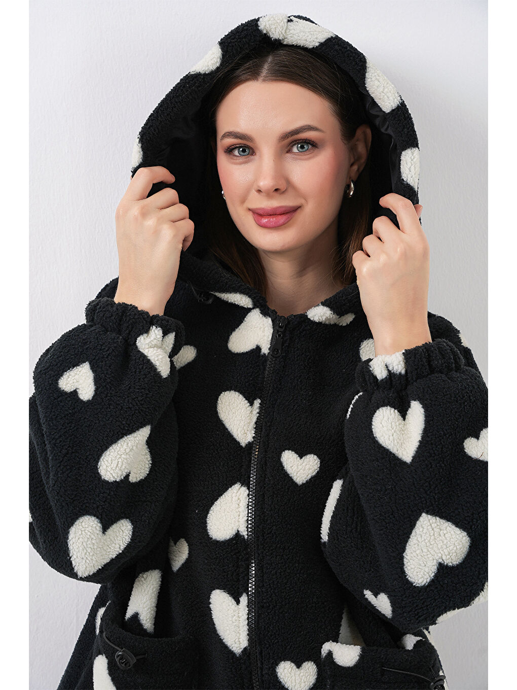 Kadın Kapüşonlu Pelüş Ceket 5236 - Siyah-4