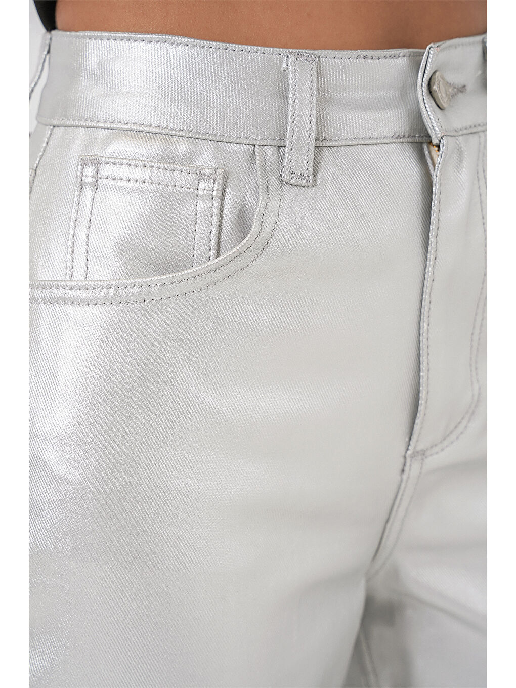 Gri Kadın Yüksek Bel Parlak Pantolon 6738 - Gümüş-5