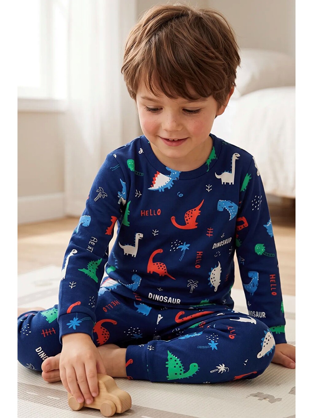 Lacivert Hello Dino Desenli Uzun Kollu Erkek Çocuk İnterlok Pijama Takımı-3