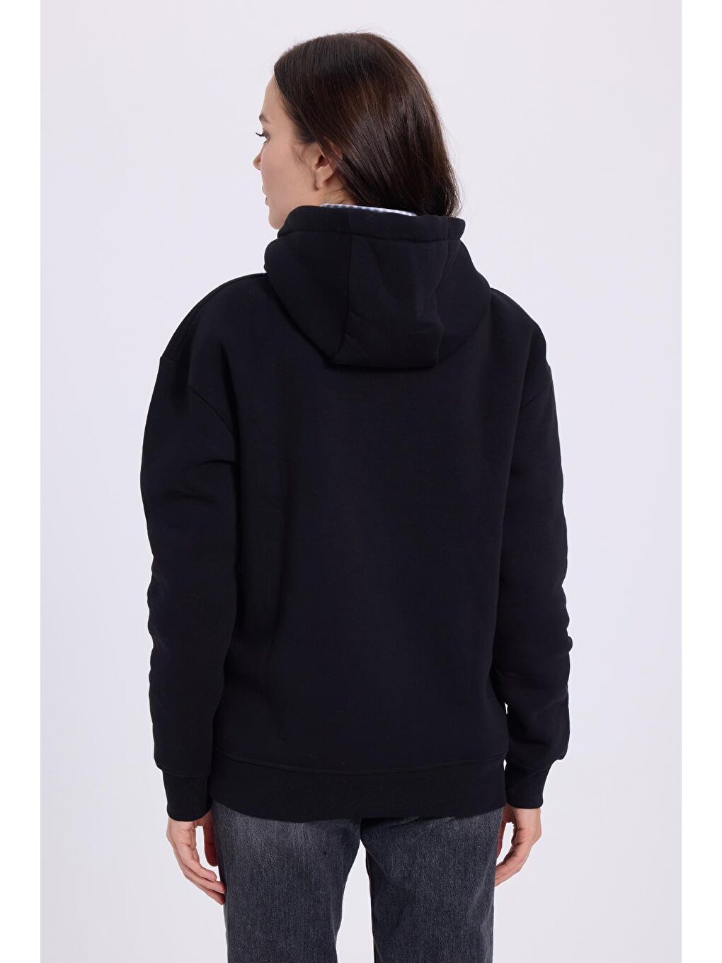 Kadın Oversize Geniş Kesim Pamuklu Yumuşak Dokulu İçi Polarlı Baskılı Siyah Kapüşonlu Sweatshirt-6