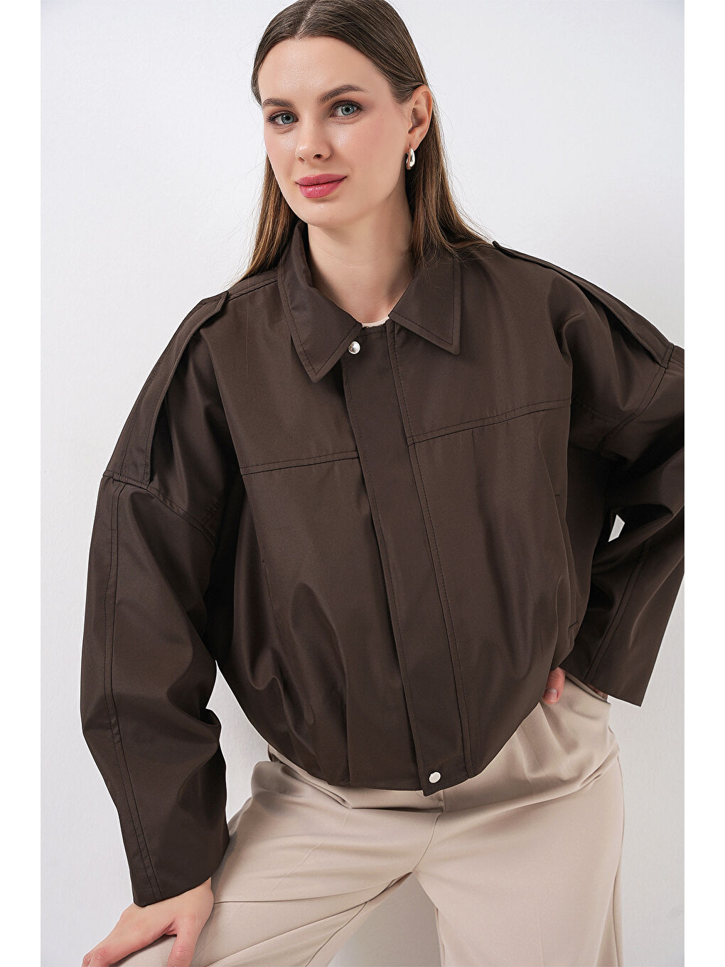 Kadın Oversize Kısa Ceket 0732 - Kahverengi-3