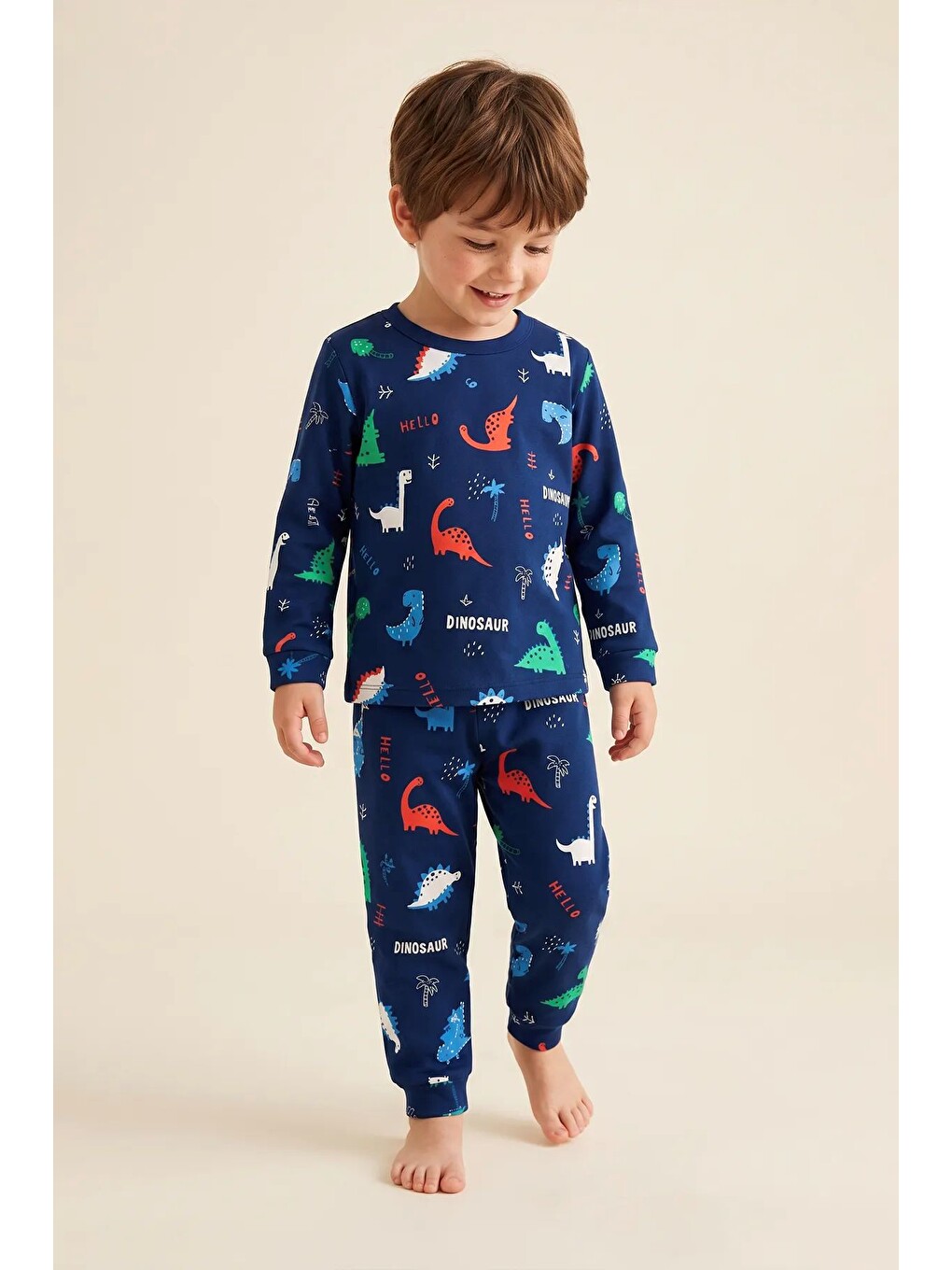 Lacivert Hello Dino Desenli Uzun Kollu Erkek Çocuk İnterlok Pijama Takımı-4