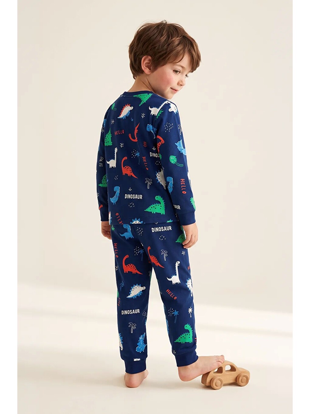 Lacivert Hello Dino Desenli Uzun Kollu Erkek Çocuk İnterlok Pijama Takımı-5