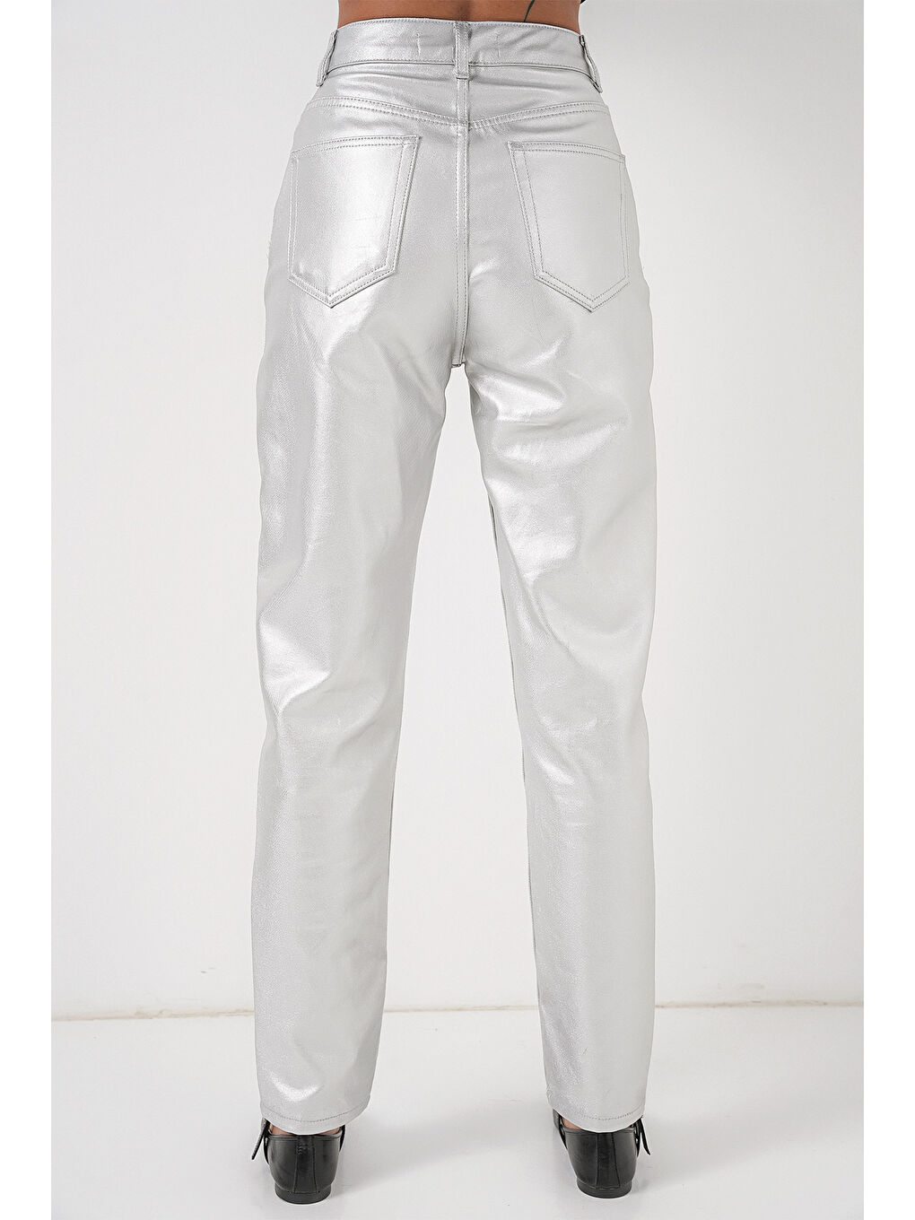 Gri Kadın Yüksek Bel Parlak Pantolon 6738 - Gümüş-6