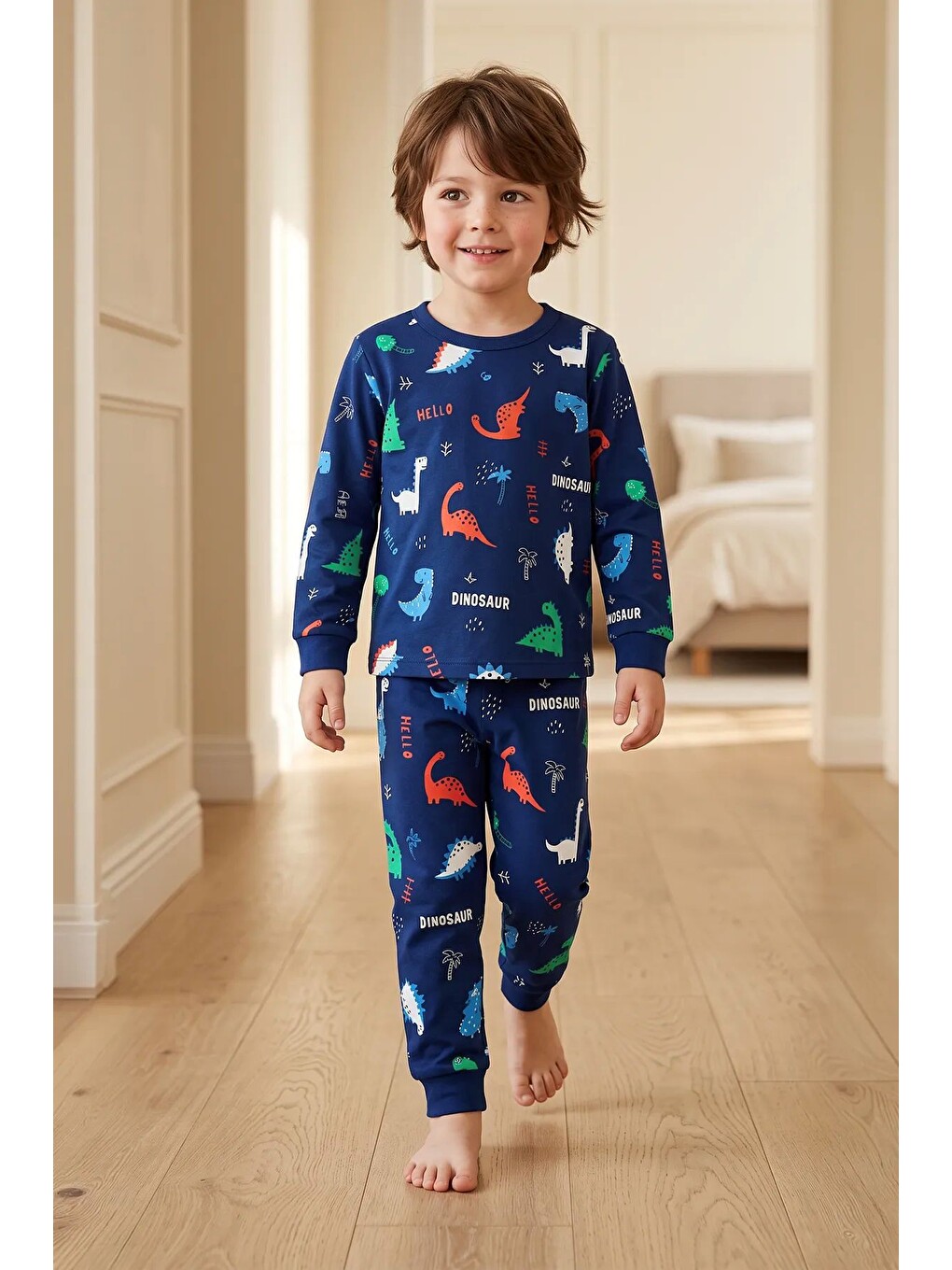Lacivert Hello Dino Desenli Uzun Kollu Erkek Çocuk İnterlok Pijama Takımı-6