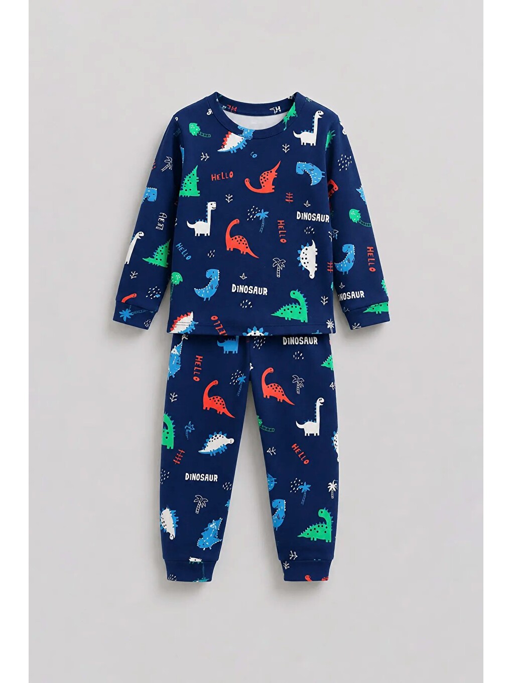 Lacivert Hello Dino Desenli Uzun Kollu Erkek Çocuk İnterlok Pijama Takımı-7