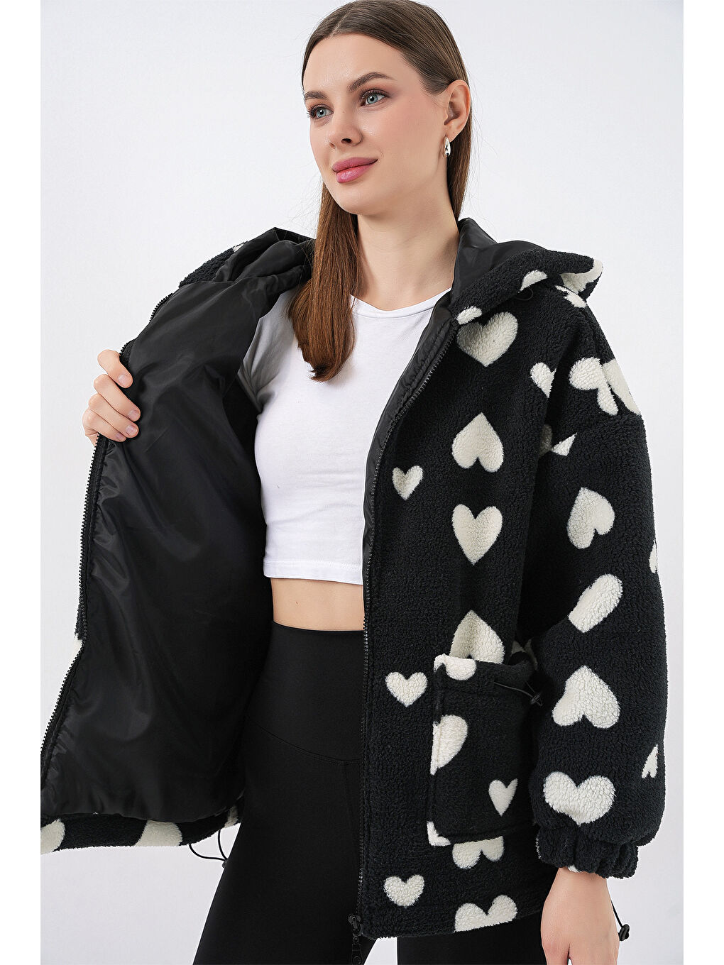 Kadın Kapüşonlu Pelüş Ceket 5236 - Siyah-5