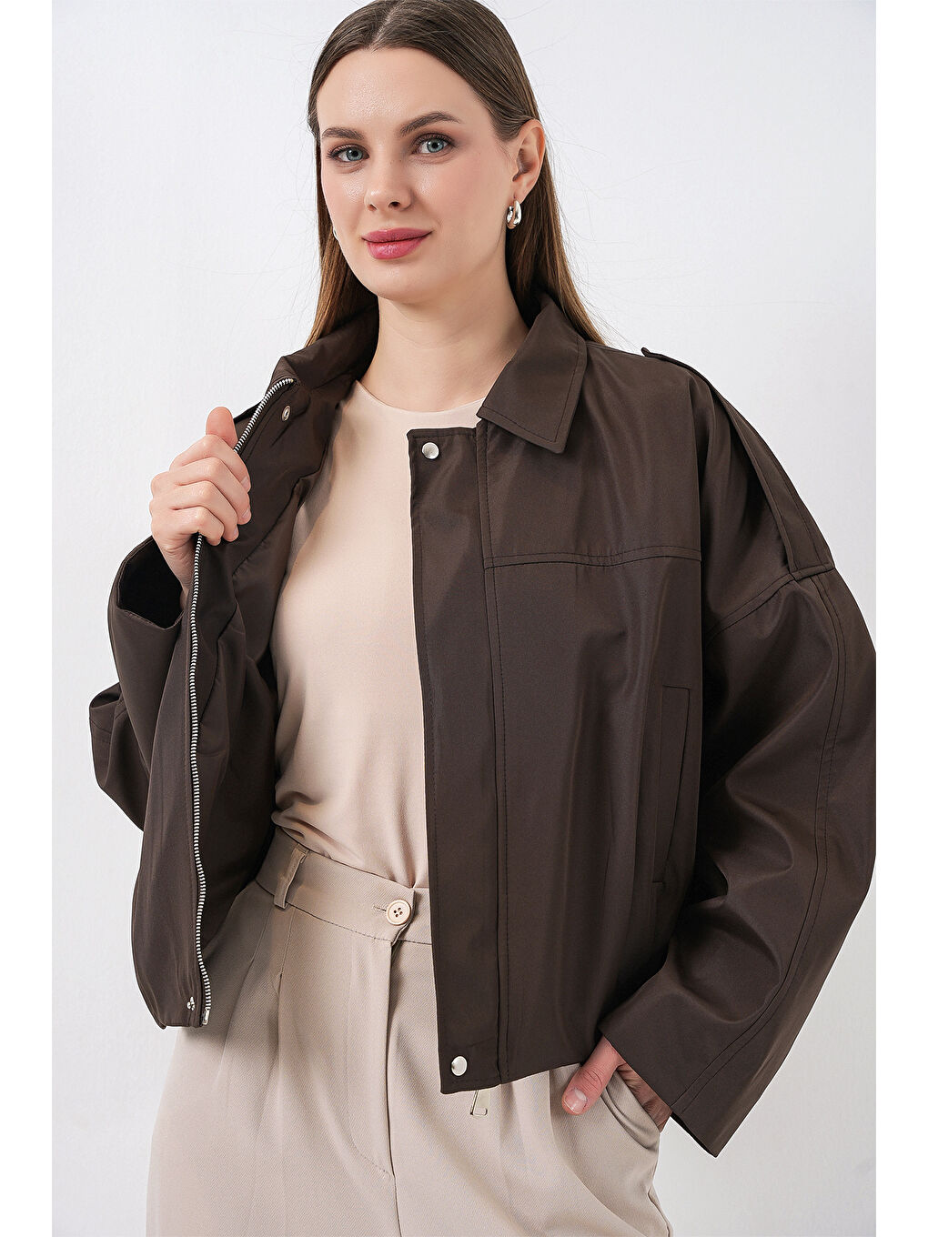 Kadın Oversize Kısa Ceket 0732 - Kahverengi-4
