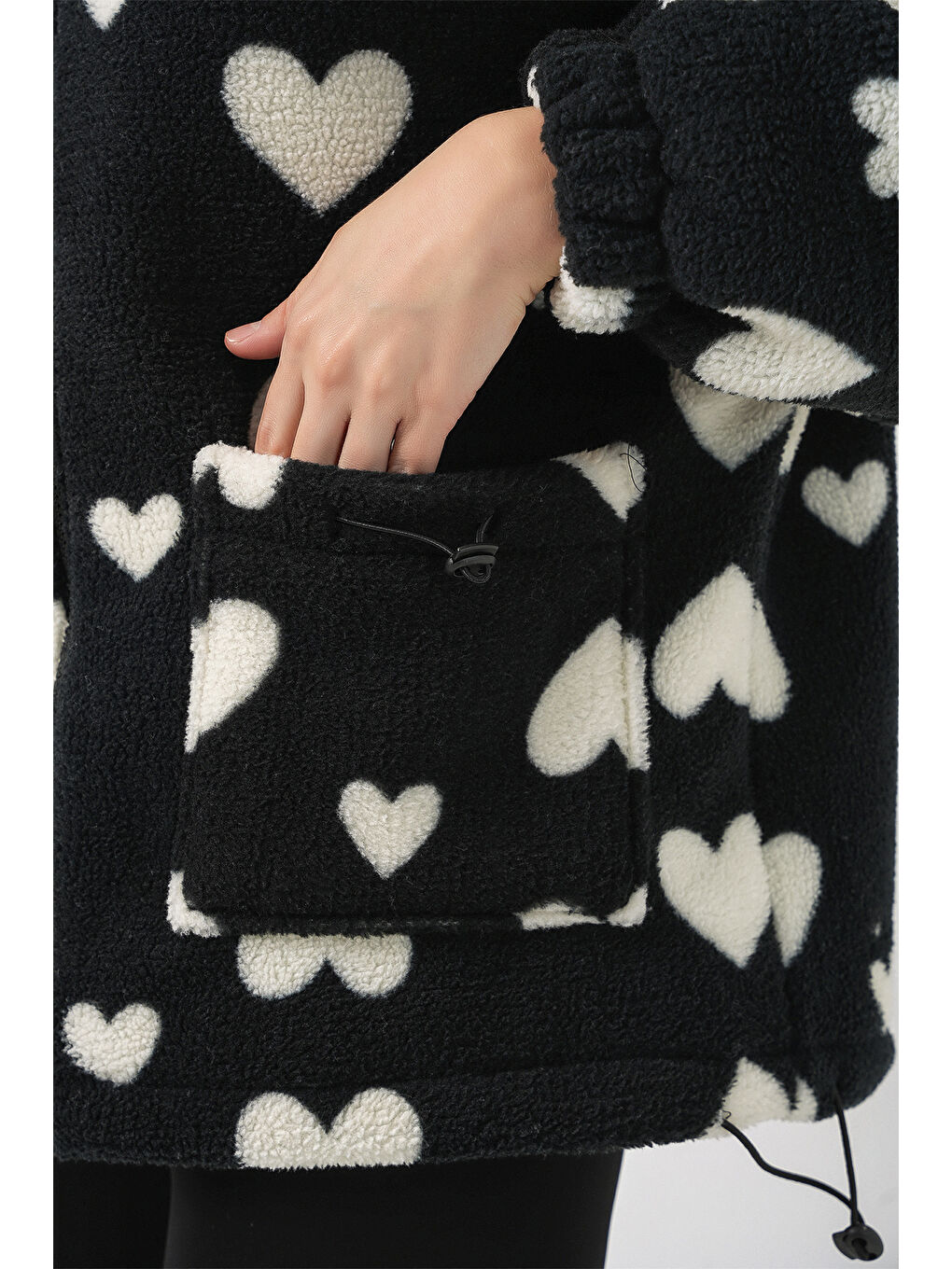 Kadın Kapüşonlu Pelüş Ceket 5236 - Siyah-6