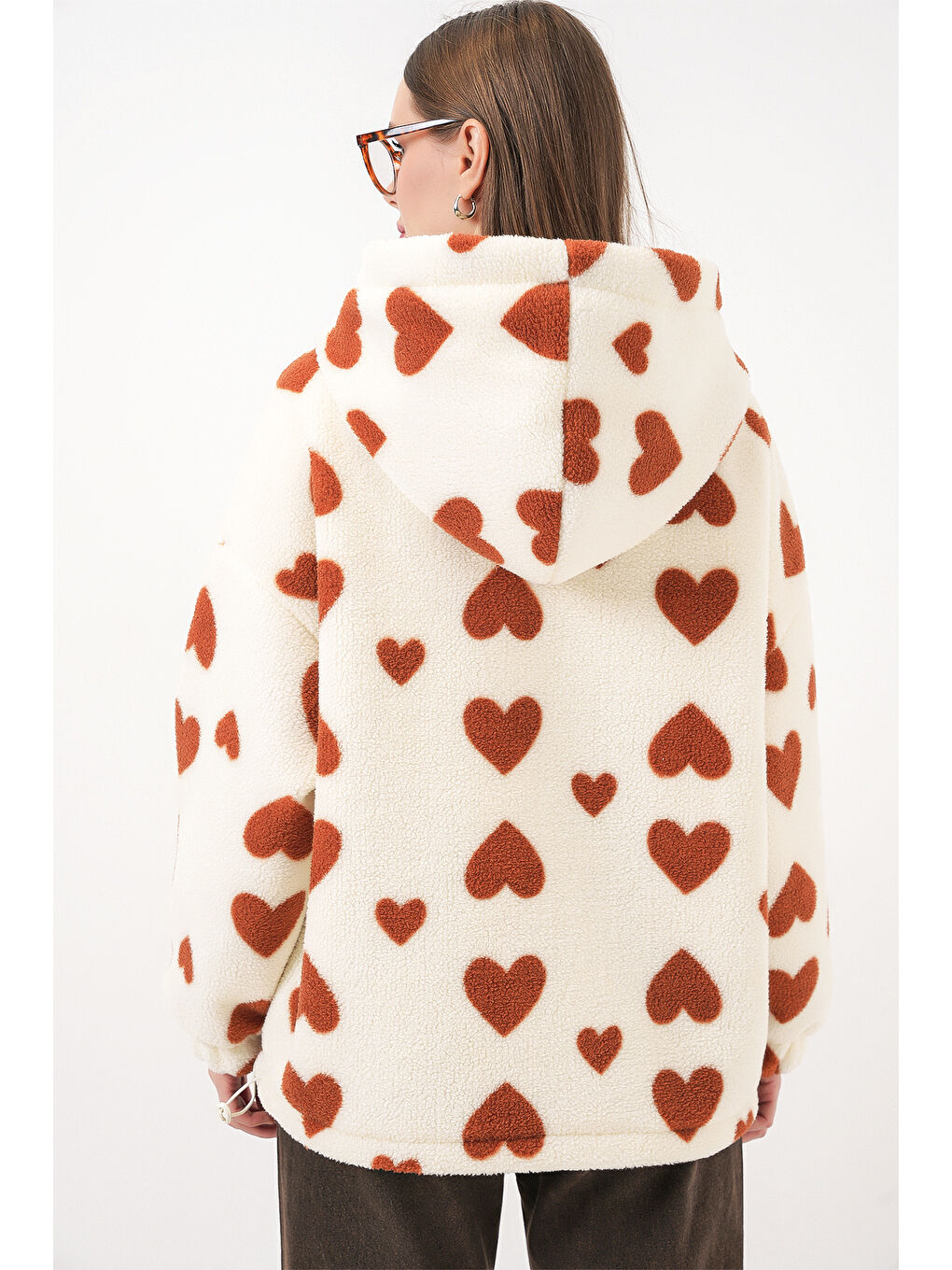 Kahverengi Kadın Kapüşonlu Pelüş Ceket 5236 - Taba-7