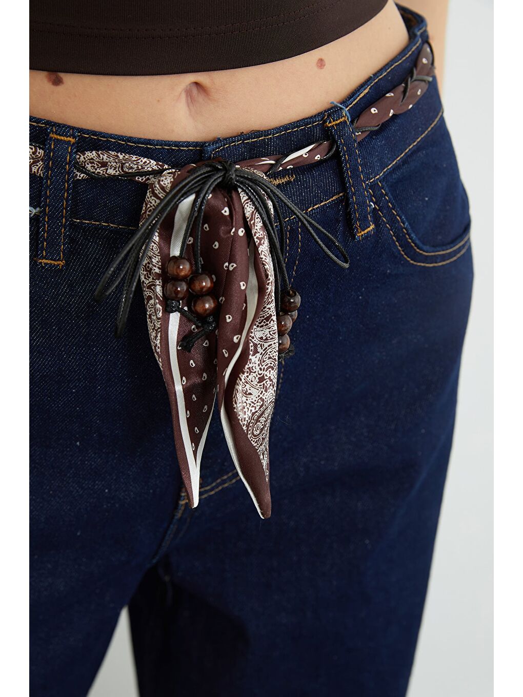 Lacivert Kemer Detaylı Yüksek Bel Jean-3