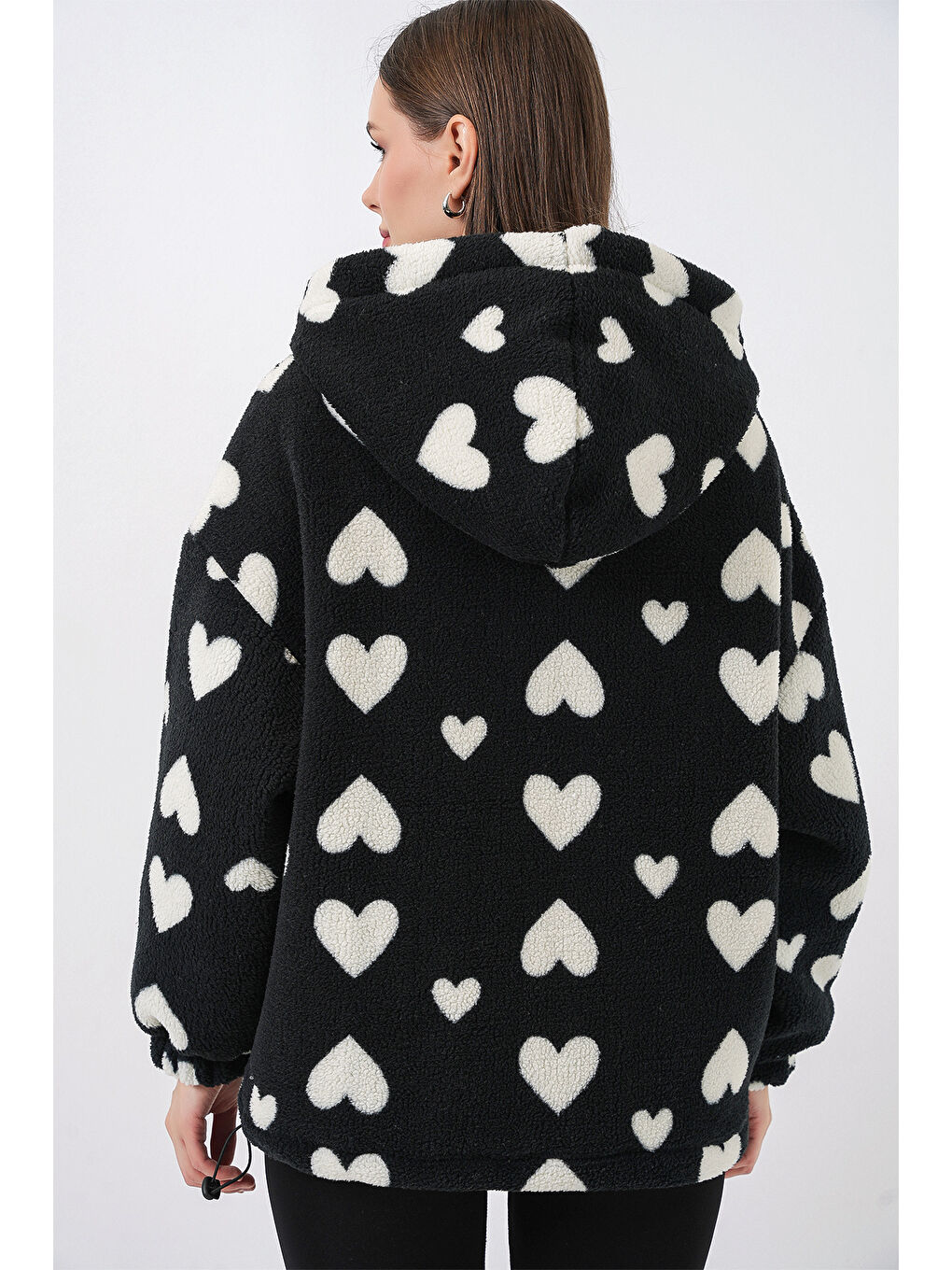 Kadın Kapüşonlu Pelüş Ceket 5236 - Siyah-7