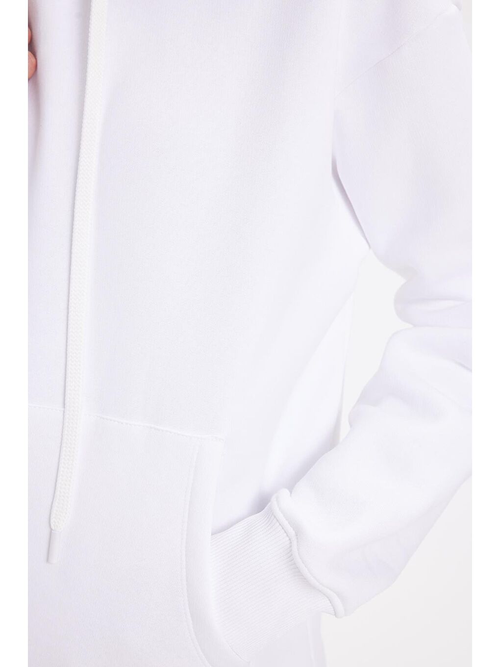 Kadın Oversize Geniş Kesim Pamuklu Yumuşak Dokulu İçi Polarlı Basic Beyaz Kapüşonlu Sweatshirt-2