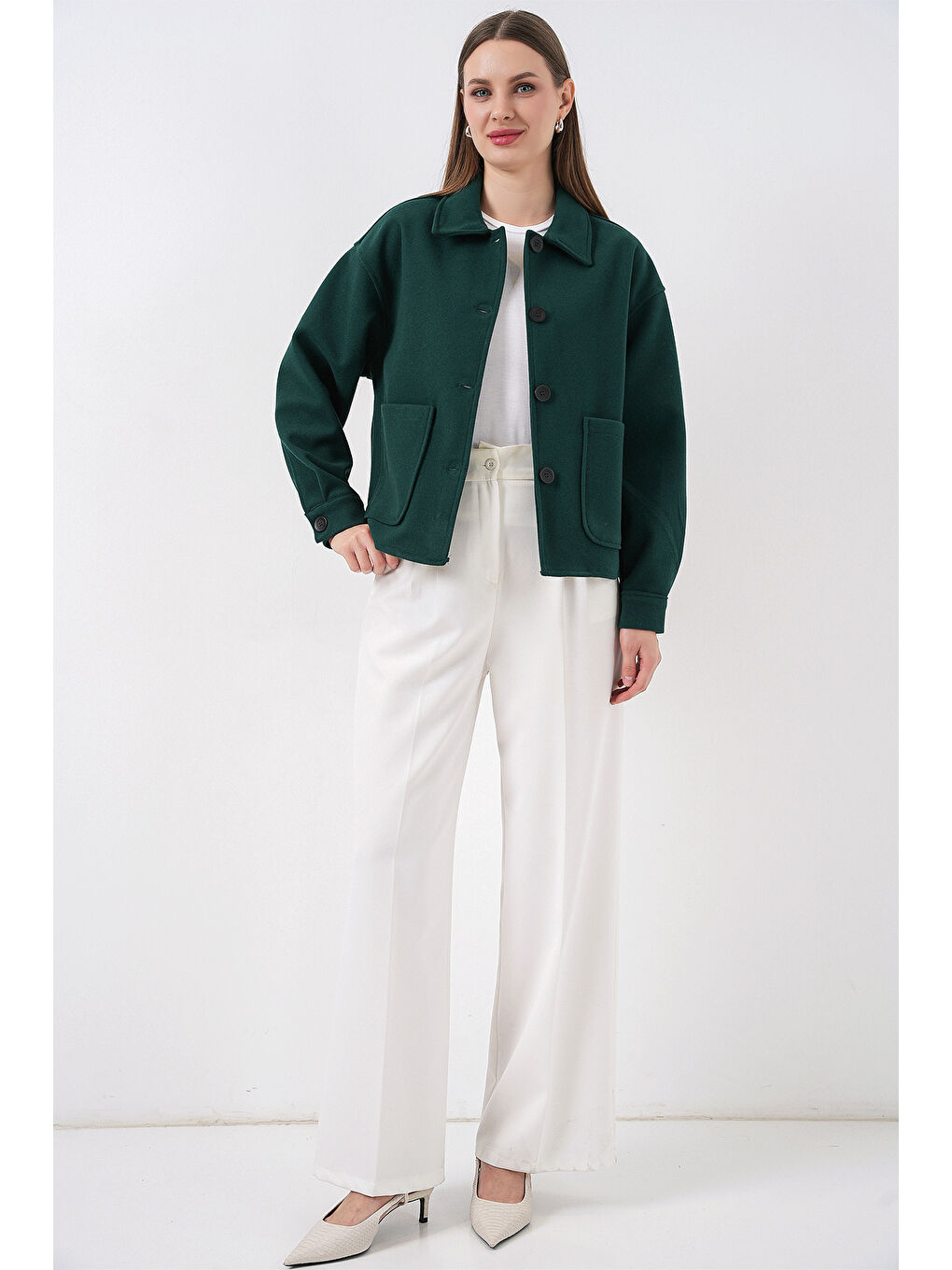 0713 Kadın Kaşe Ceket - Zümrüt Yeşili-1