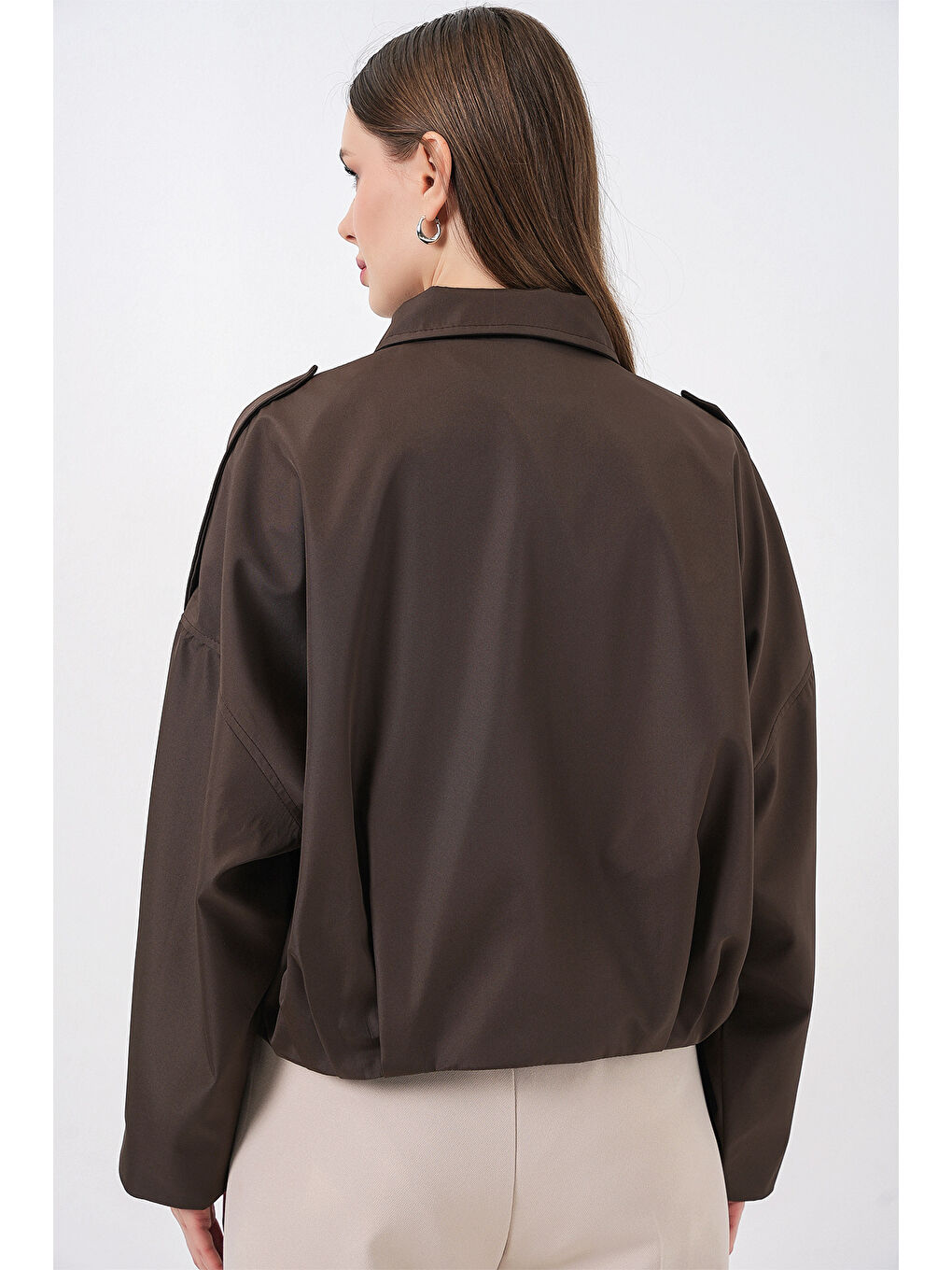 Kadın Oversize Kısa Ceket 0732 - Kahverengi-6