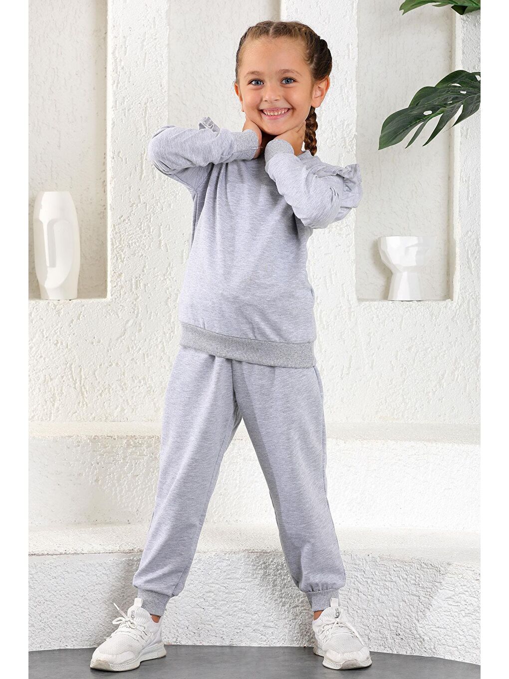 Gri Bisiklet Yaka Kız Çocuk Eşofman Takım