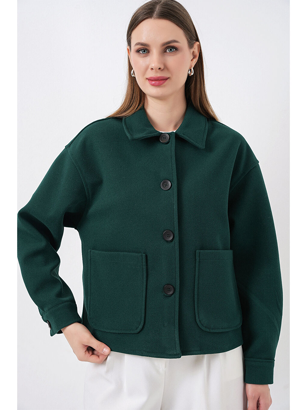 0713 Kadın Kaşe Ceket - Zümrüt Yeşili-2
