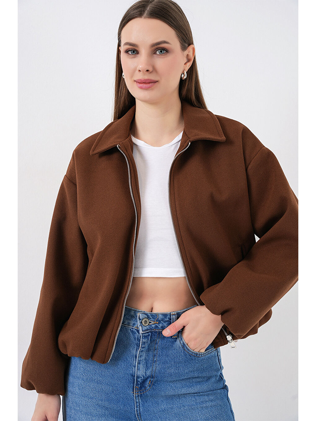 Bej Kadın Büzgülü Oversize Kaşe Ceket 0728 - Sütlü Kahve