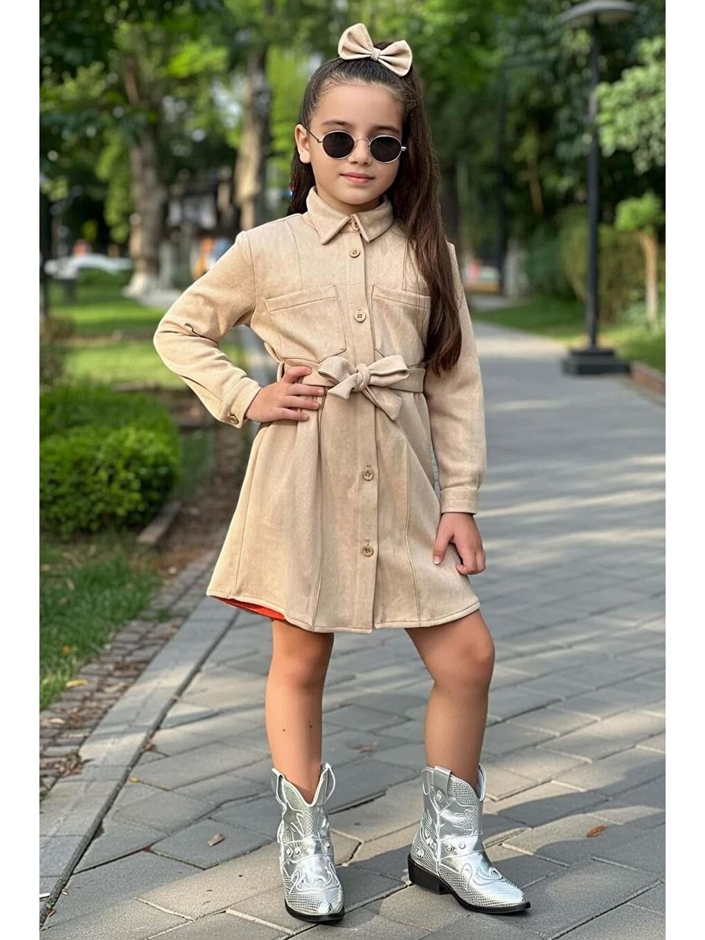 Turuncu Kız Çocuk Göğsü Çift Cep Detaylı Kemerli Nubuk Kaşe Bisiklet Yaka Fitilli Elbise-2