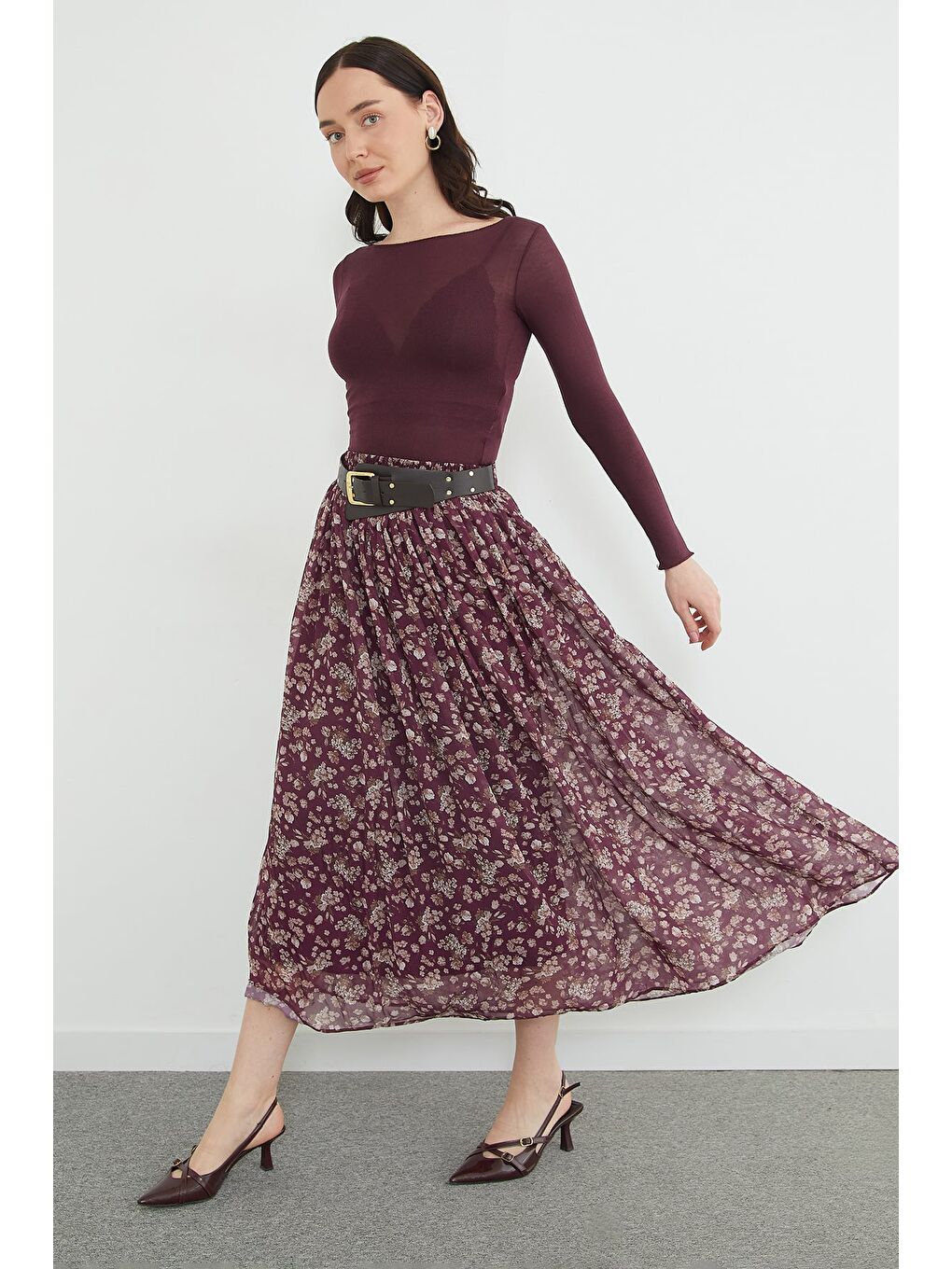 Mürdüm Kemerli Çiçek Desenli Maxi Boy Şifon Etek