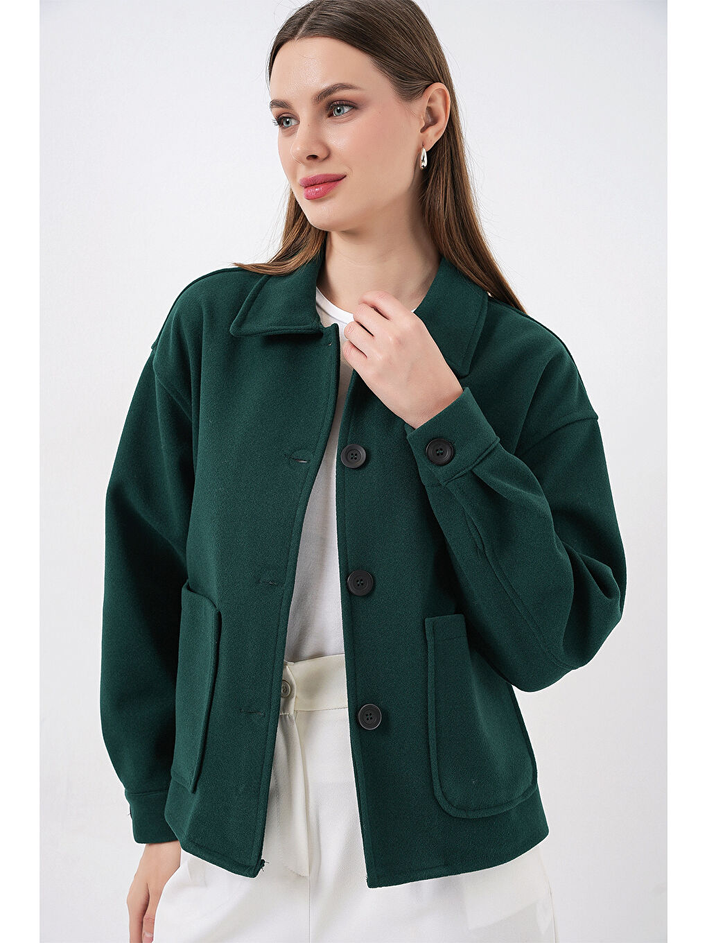 0713 Kadın Kaşe Ceket - Zümrüt Yeşili-3