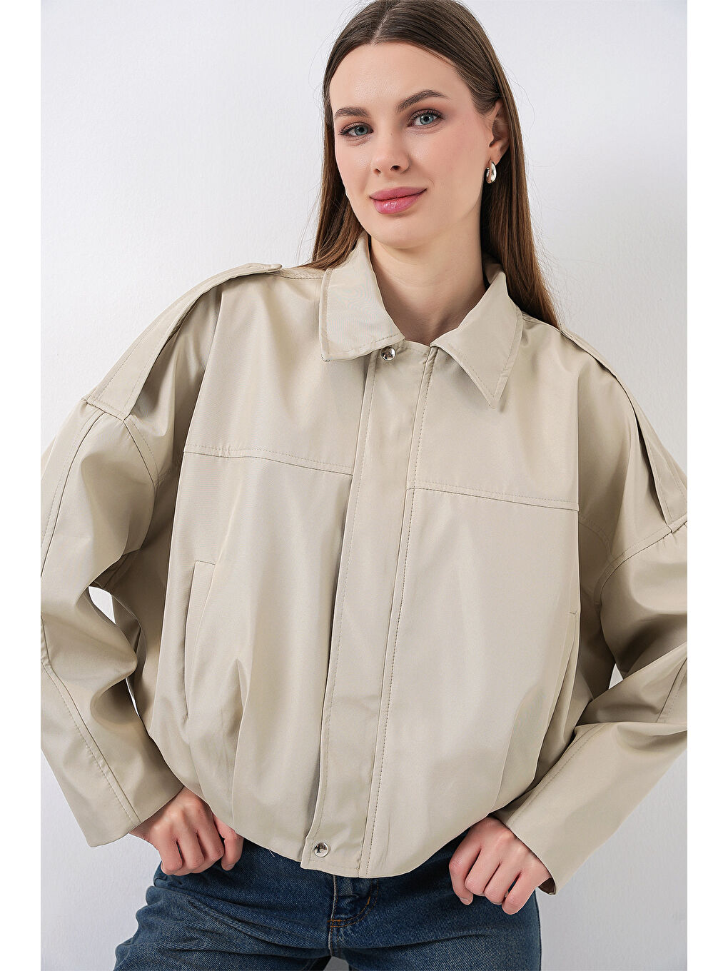 Bej Kadın Oversize Kısa Ceket 0732 - Taş