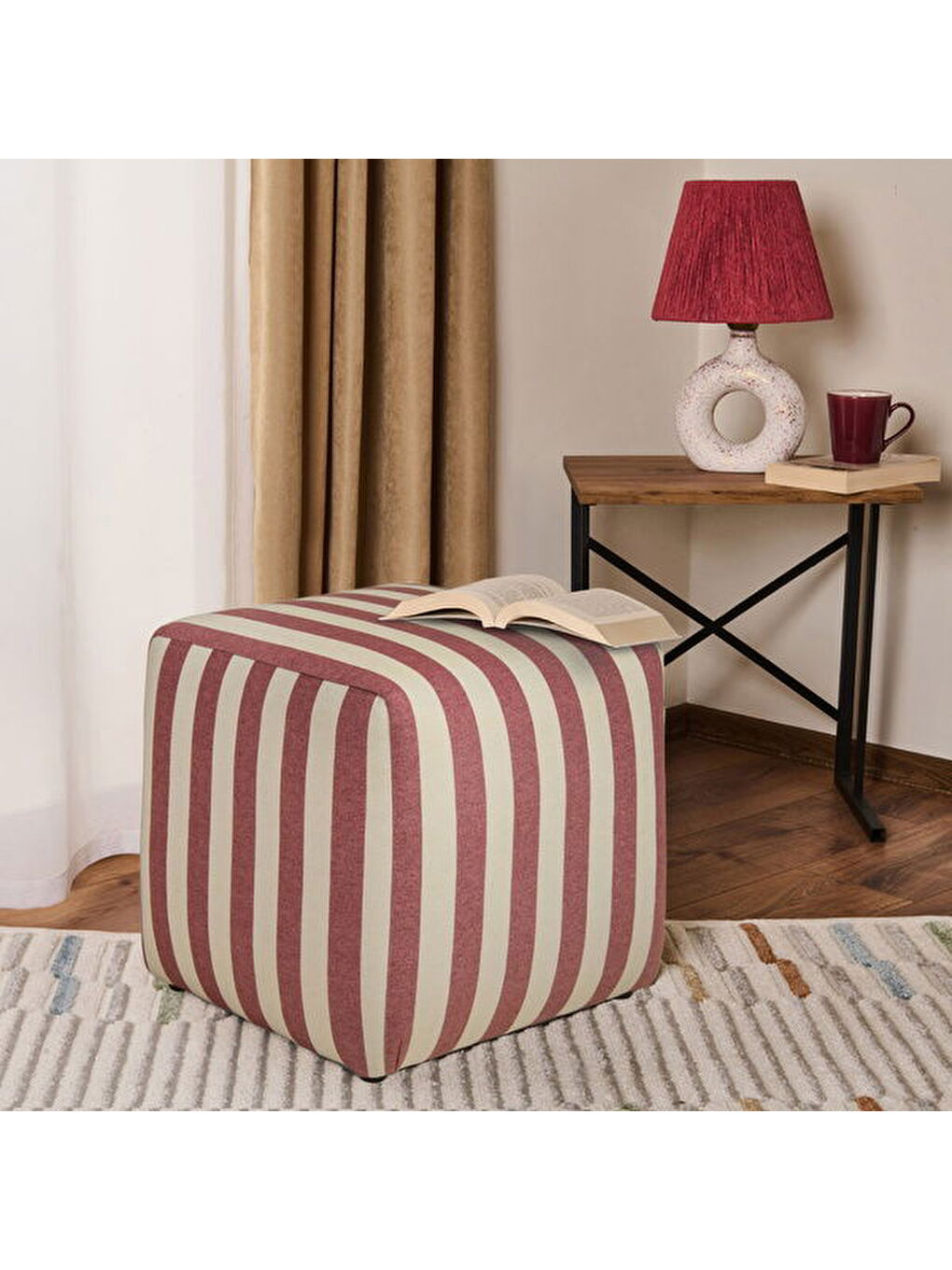 Ekru Earthy Puf - Krem / Kiremit - 42x38x38 cm