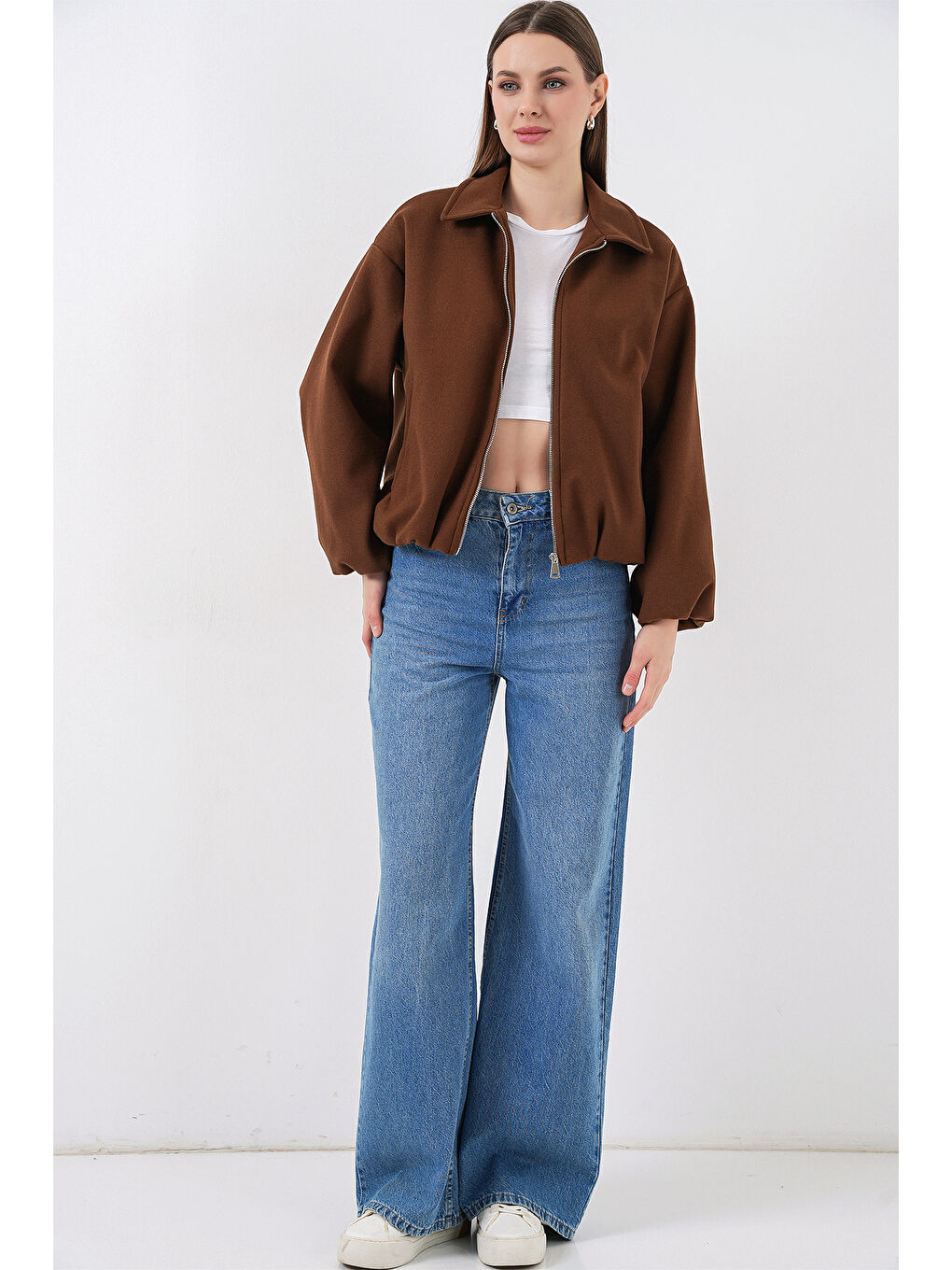 Bej Kadın Büzgülü Oversize Kaşe Ceket 0728 - Sütlü Kahve-1