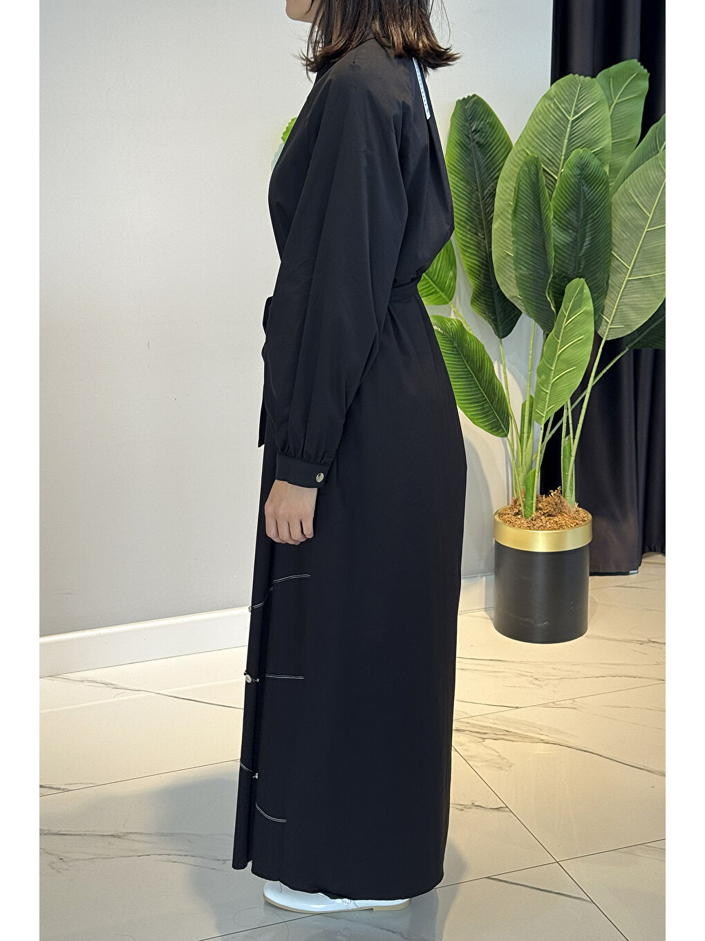 Yarım Patlı Fermuarlı Poplin Elbise 5779 Siyah-1