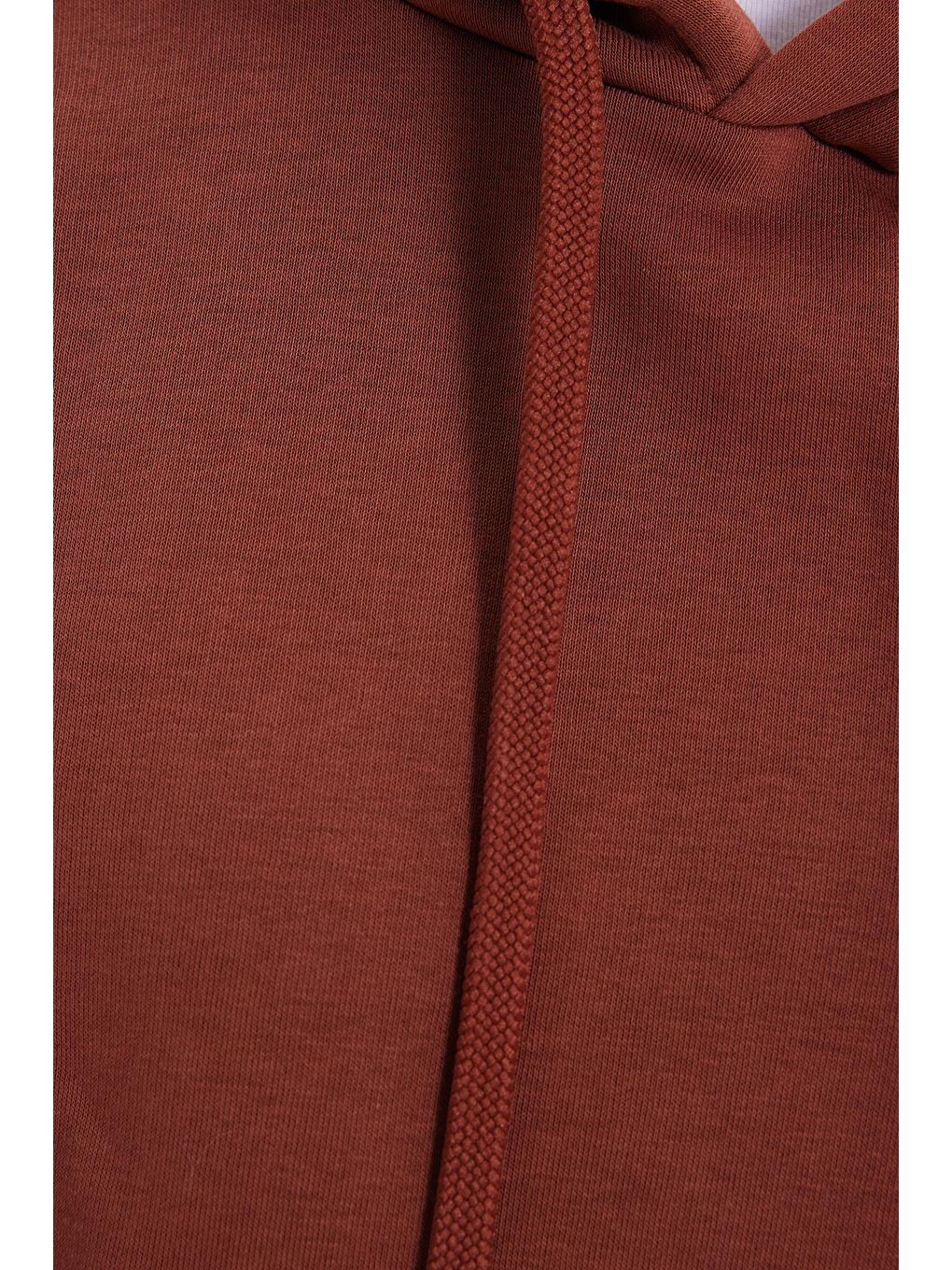 Kadın Oversize Geniş Kesim Pamuklu Yumuşak Dokulu İçi Polarlı Basic Kahverengi Kapüşonlu Sweatshirt-5