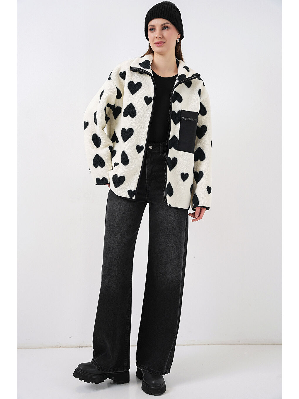 55446 Fermuarlı Oversize Pelüş Ceket Mont - A.Beyaz-1