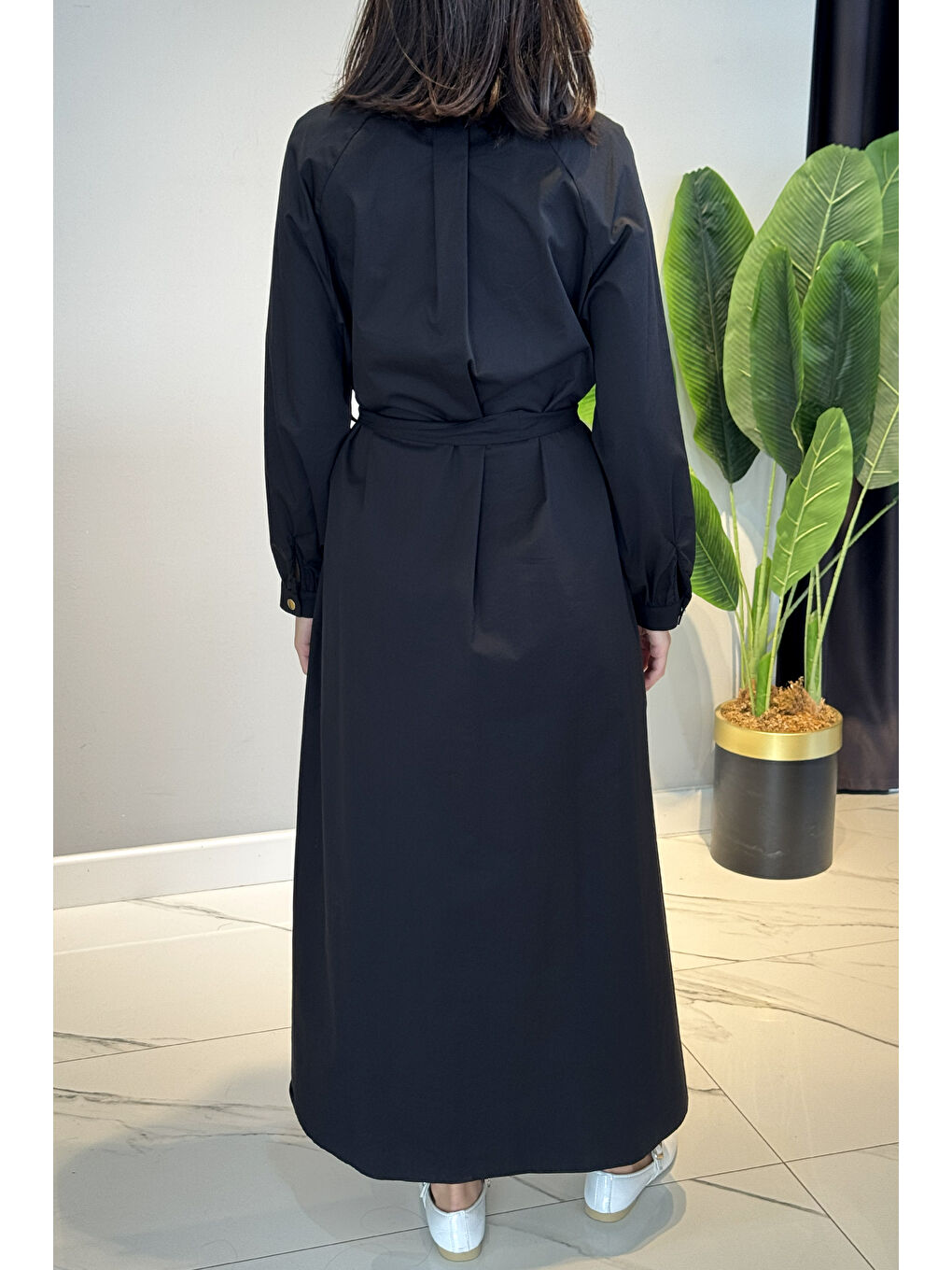 Yarım Patlı Fermuarlı Poplin Elbise 5779 Siyah-2