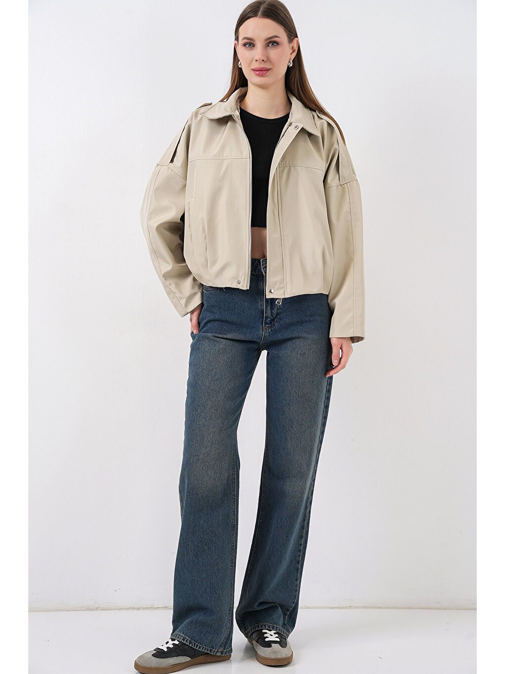 Bej Kadın Oversize Kısa Ceket 0732 - Taş-1