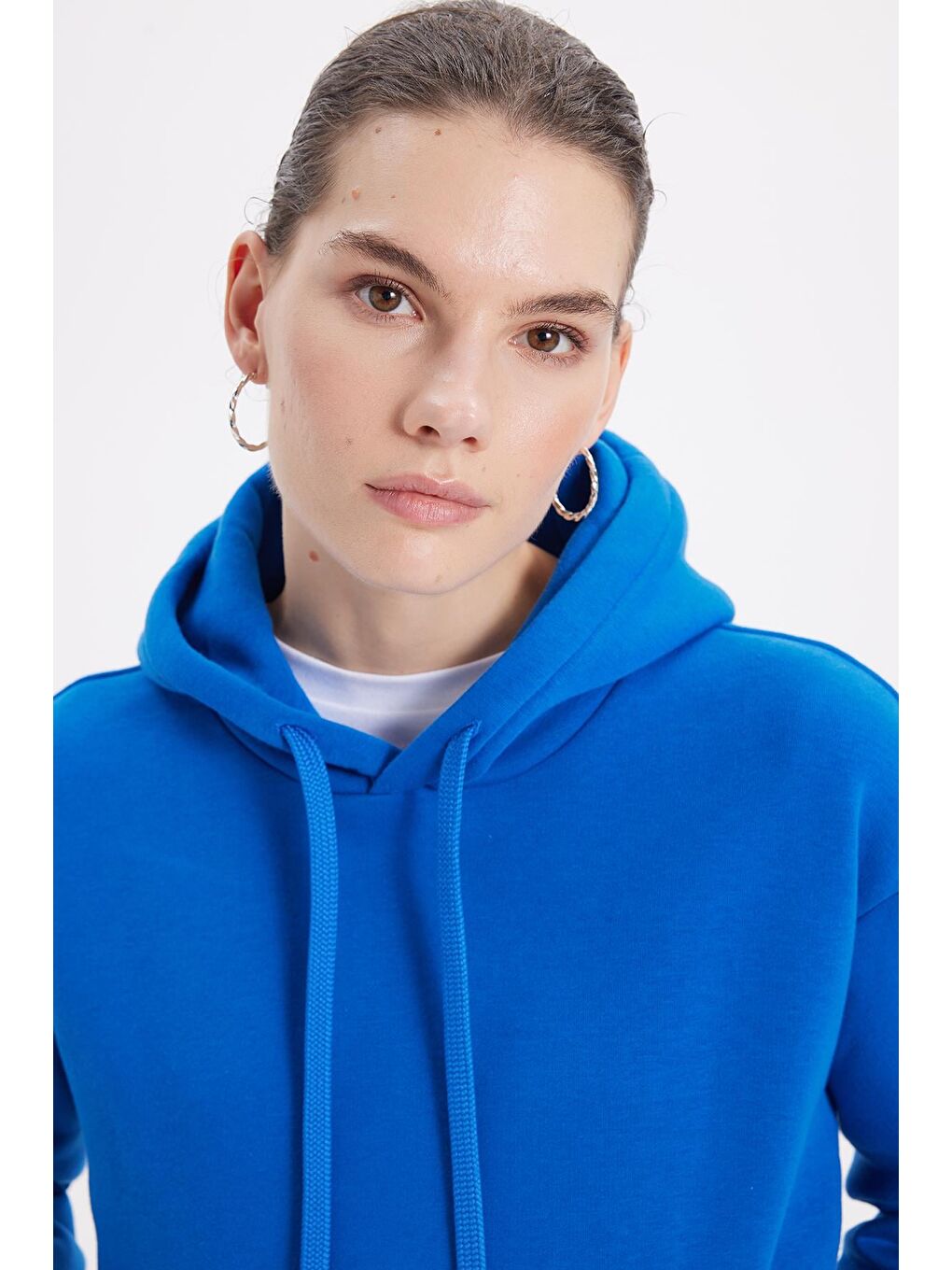 Kadın Oversize Geniş Kesim Pamuklu Yumuşak Dokulu İçi Polarlı Basic Saks Mavi Kapüşonlu Sweatshirt-1