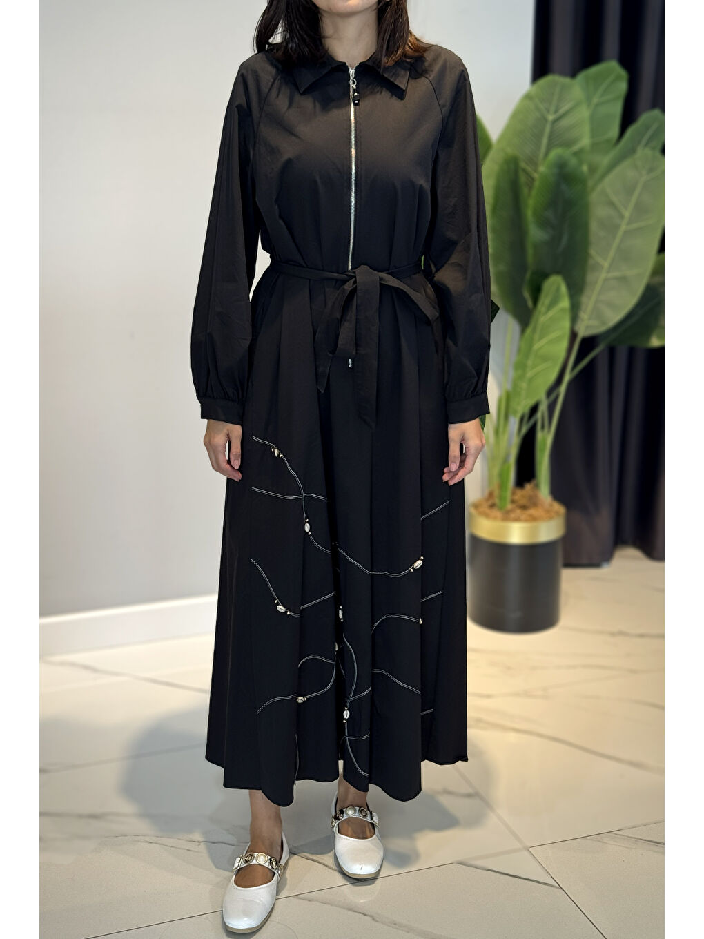 Yarım Patlı Fermuarlı Poplin Elbise 5779 Siyah-3