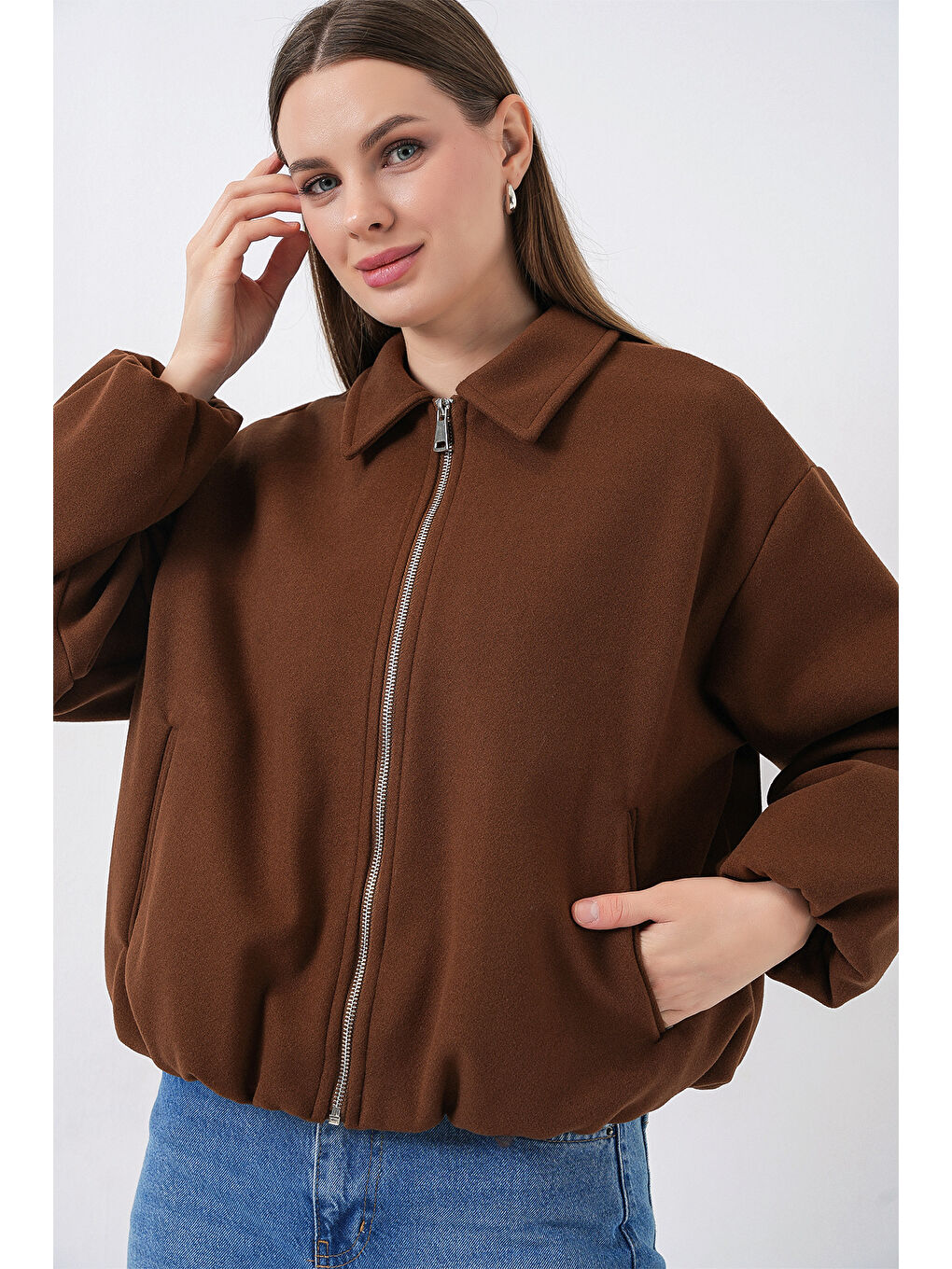 Bej Kadın Büzgülü Oversize Kaşe Ceket 0728 - Sütlü Kahve-2