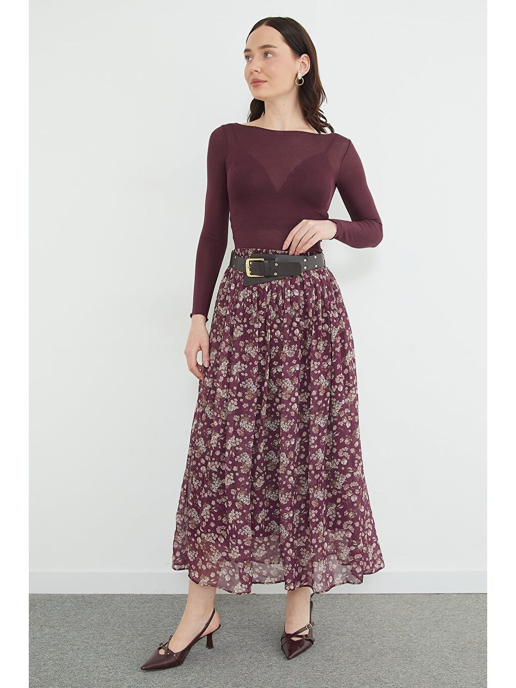 Mürdüm Kemerli Çiçek Desenli Maxi Boy Şifon Etek-1