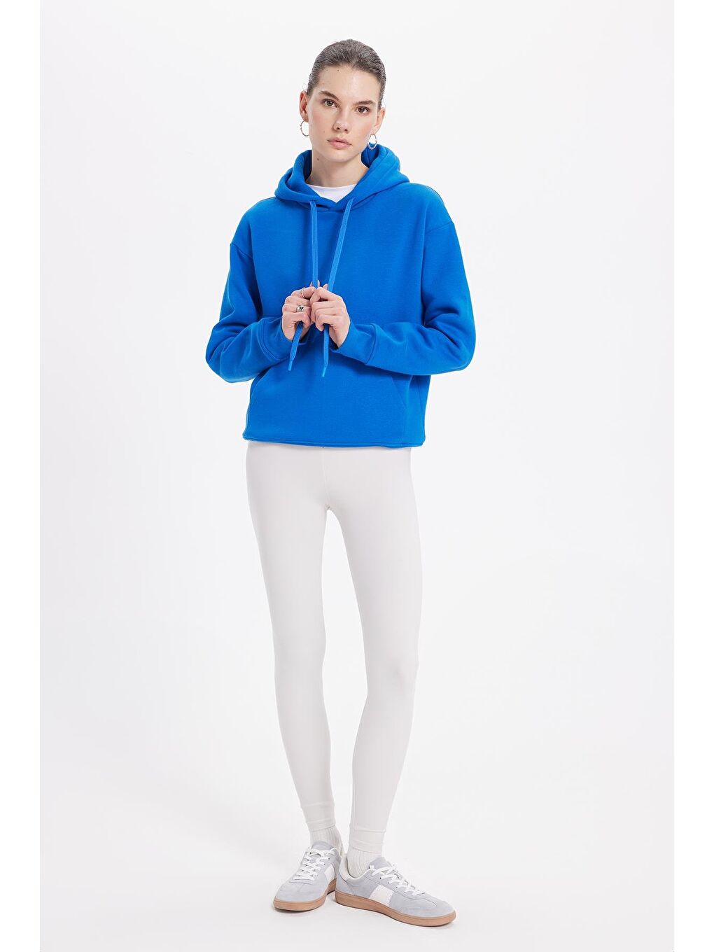 Kadın Oversize Geniş Kesim Pamuklu Yumuşak Dokulu İçi Polarlı Basic Saks Mavi Kapüşonlu Sweatshirt-3