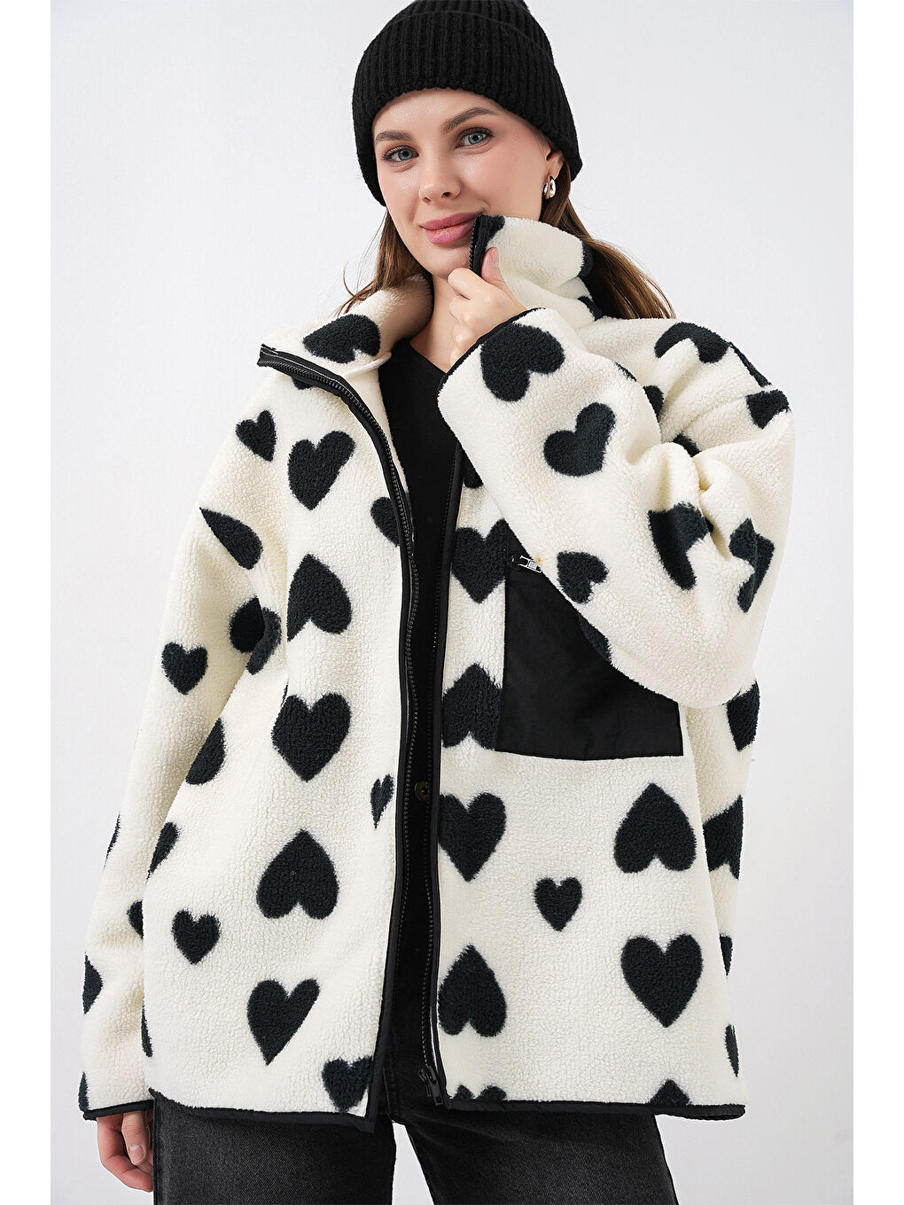 55446 Fermuarlı Oversize Pelüş Ceket Mont - A.Beyaz-2