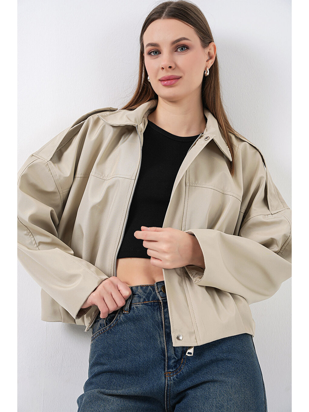 Bej Kadın Oversize Kısa Ceket 0732 - Taş-2
