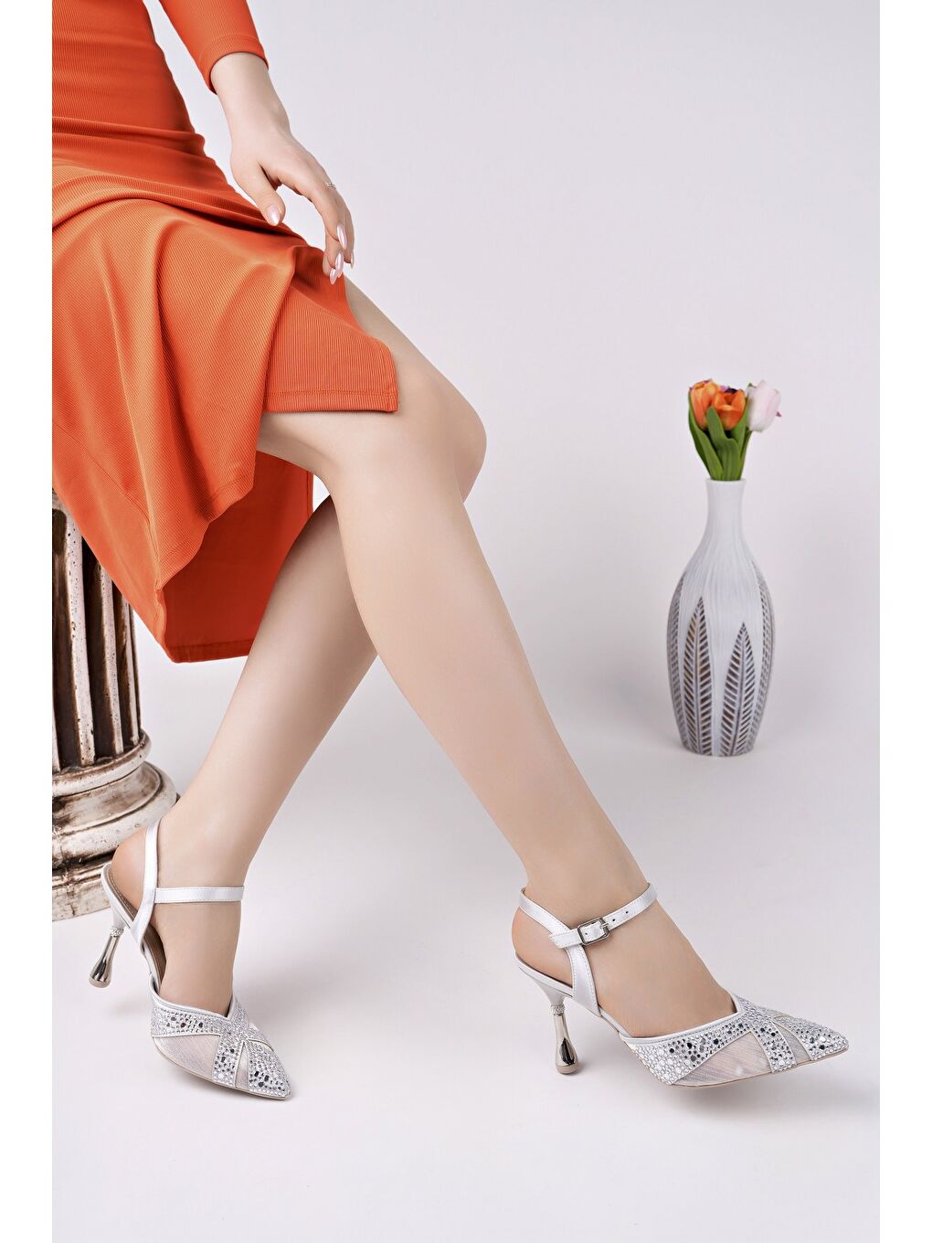 Gri NAKO Sivri Burun Arkası Açık Klasik Topuklu Kadın Abiye Ayakkabı-7