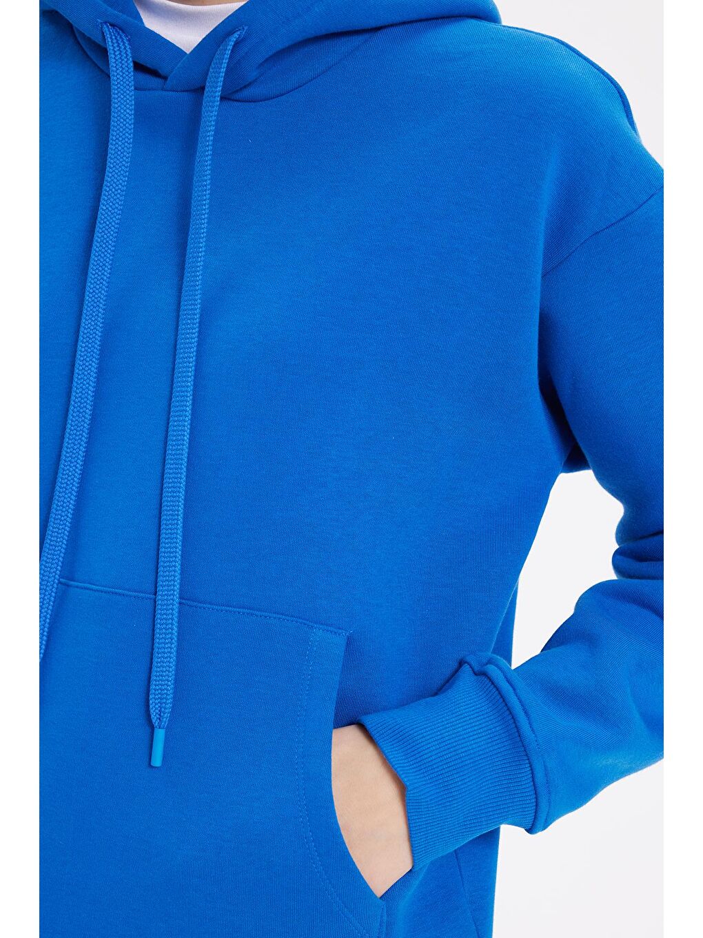 Kadın Oversize Geniş Kesim Pamuklu Yumuşak Dokulu İçi Polarlı Basic Saks Mavi Kapüşonlu Sweatshirt-5