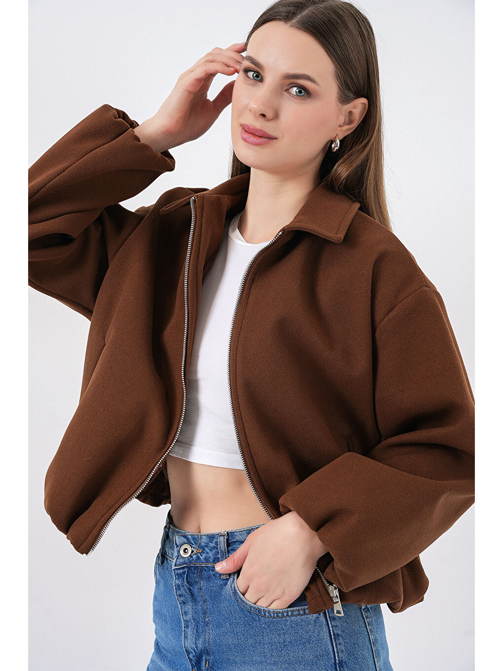 Bej Kadın Büzgülü Oversize Kaşe Ceket 0728 - Sütlü Kahve-3