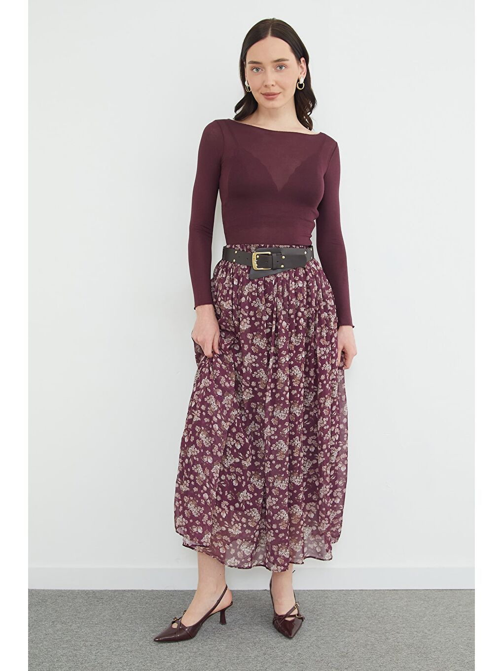 Mürdüm Kemerli Çiçek Desenli Maxi Boy Şifon Etek-2