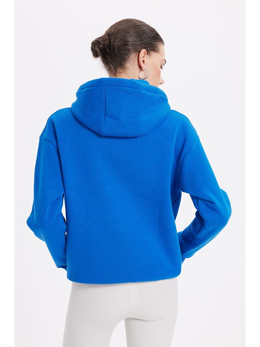 Kadın Oversize Geniş Kesim Pamuklu Yumuşak Dokulu İçi Polarlı Basic Saks Mavi Kapüşonlu Sweatshirt-6