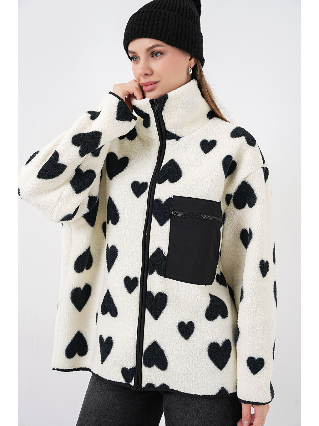 55446 Fermuarlı Oversize Pelüş Ceket Mont - A.Beyaz-3