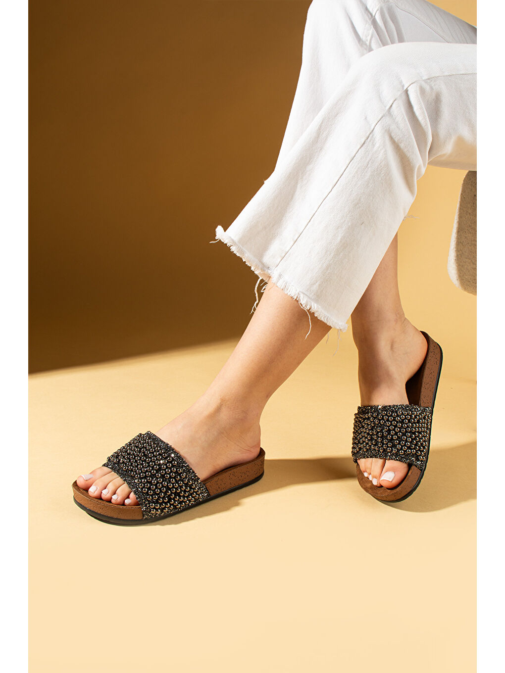 Gri Taşlı Rahat Taban Comfort Kadın Terlik 001-015-25-1