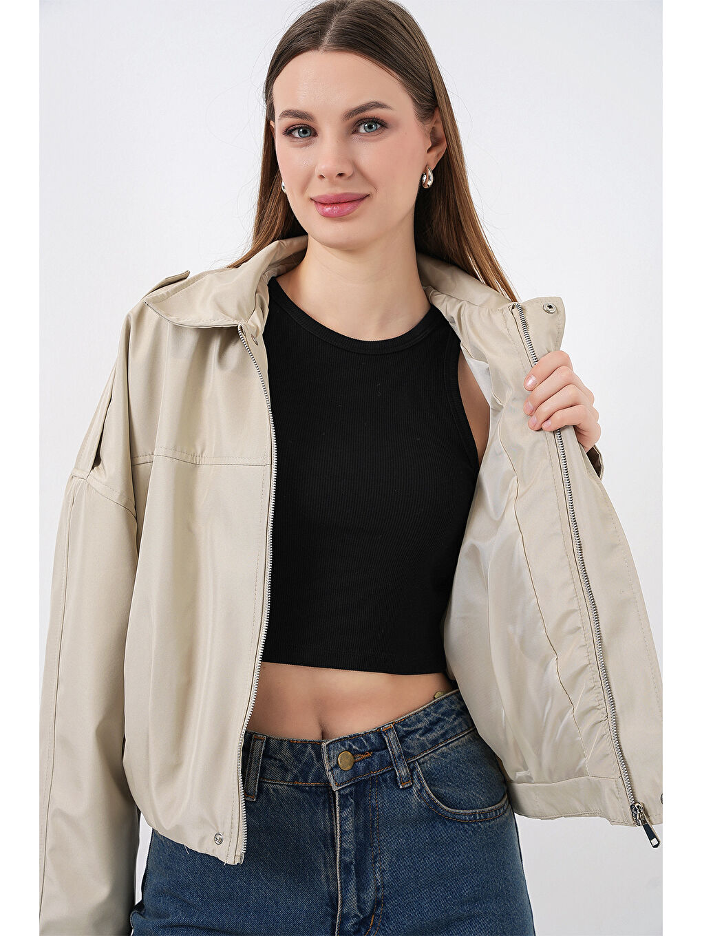 Bej Kadın Oversize Kısa Ceket 0732 - Taş-3