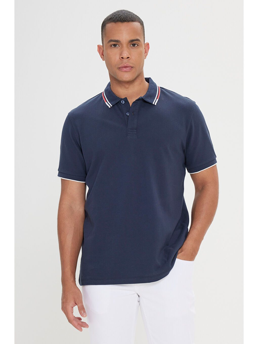 Erkek Lacivert Slim Fit Dar Kesim %100 Pamuk Polo Yaka Tişört