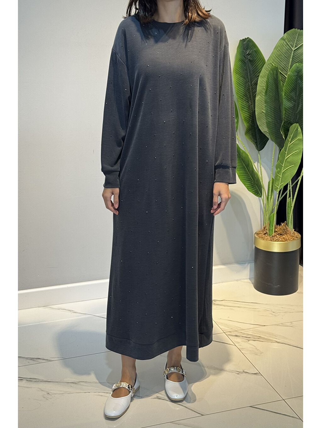 Taş Detaylı Elbise 92039 Antrasit-2